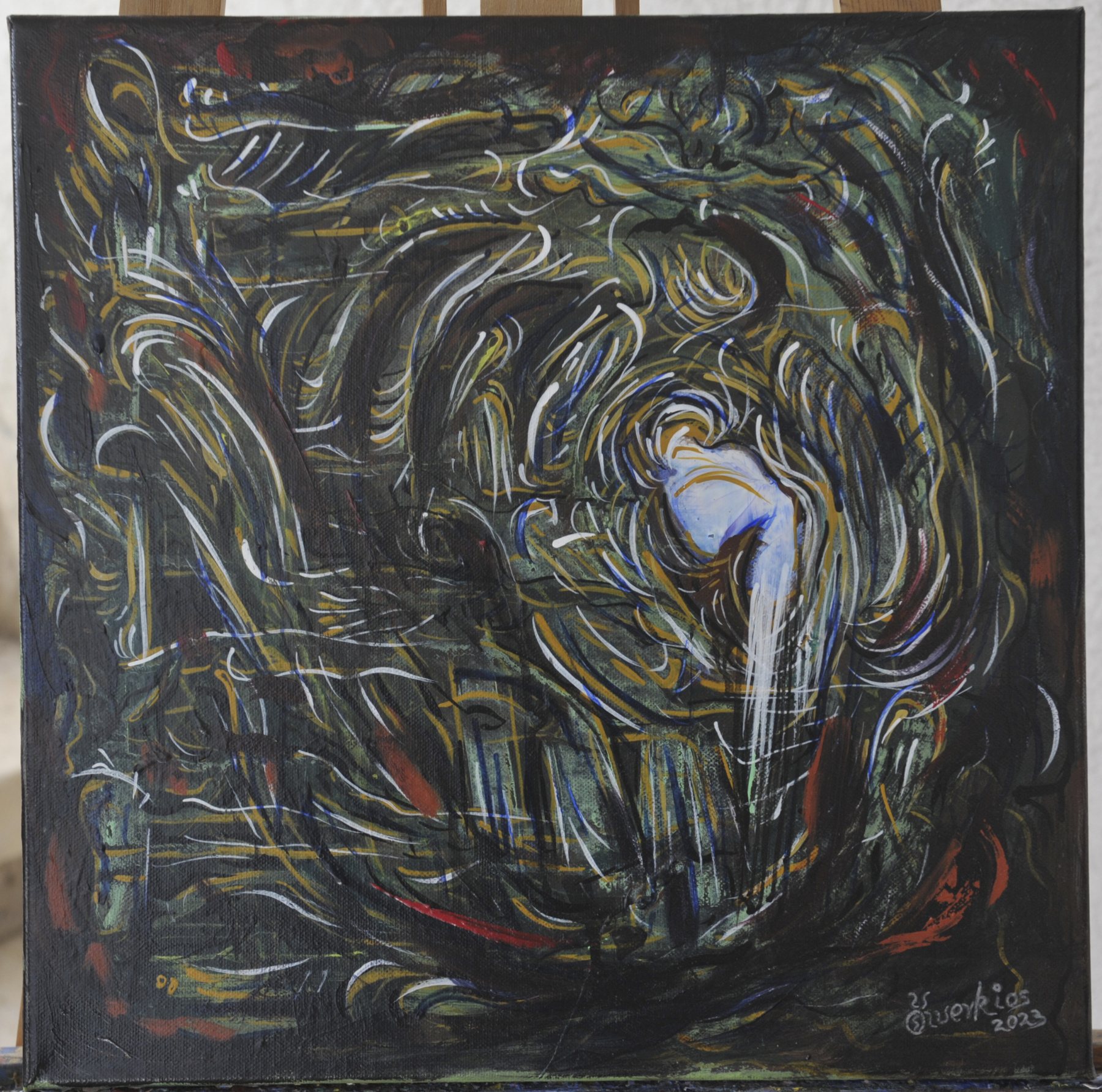 Abstract painting with concentric swirling strokes in dark green, yellow and white around a pale blue shape on a black ground