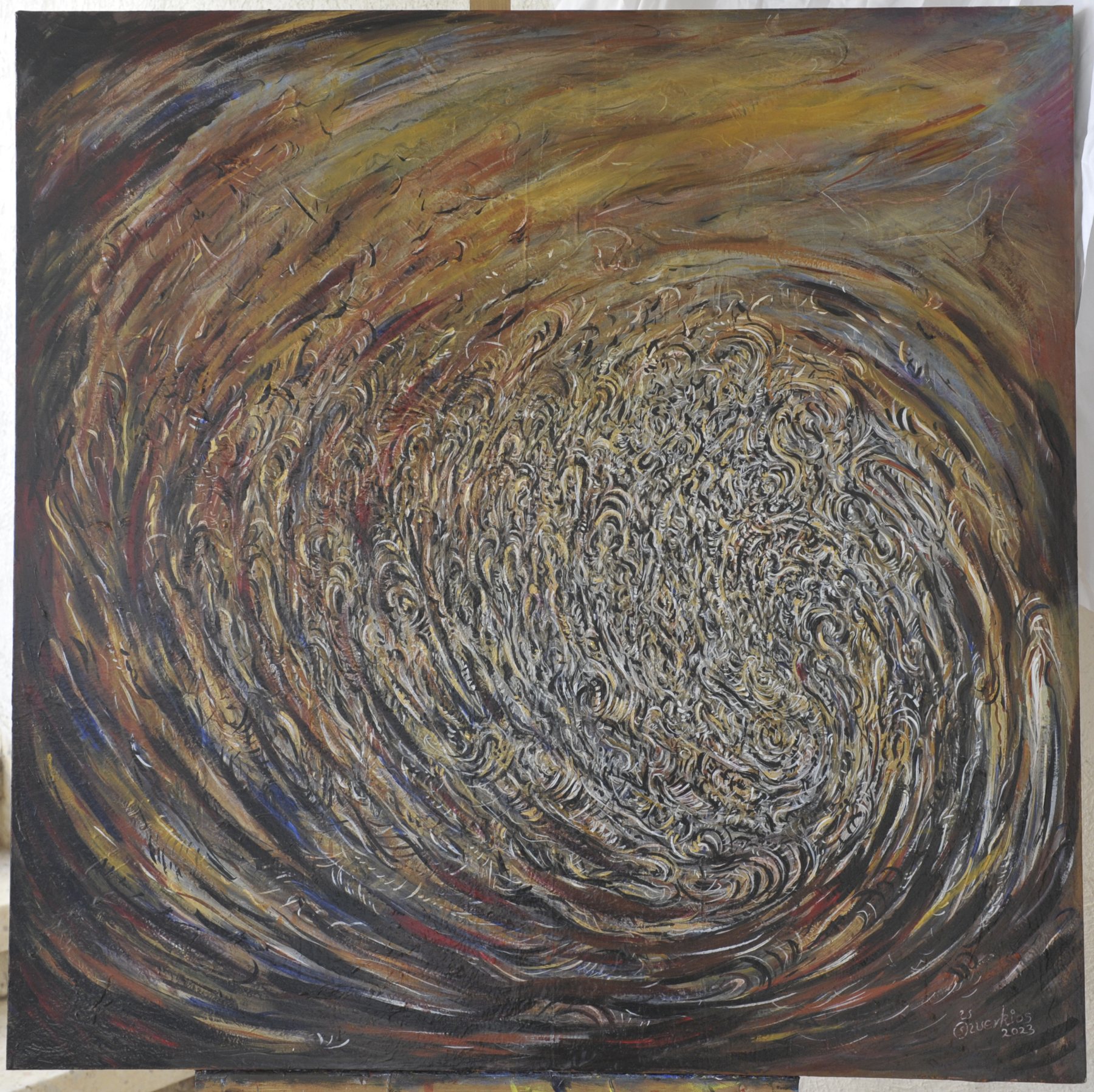 Abstract painting with circular swirling forms and bands of grey, ochre and muted red