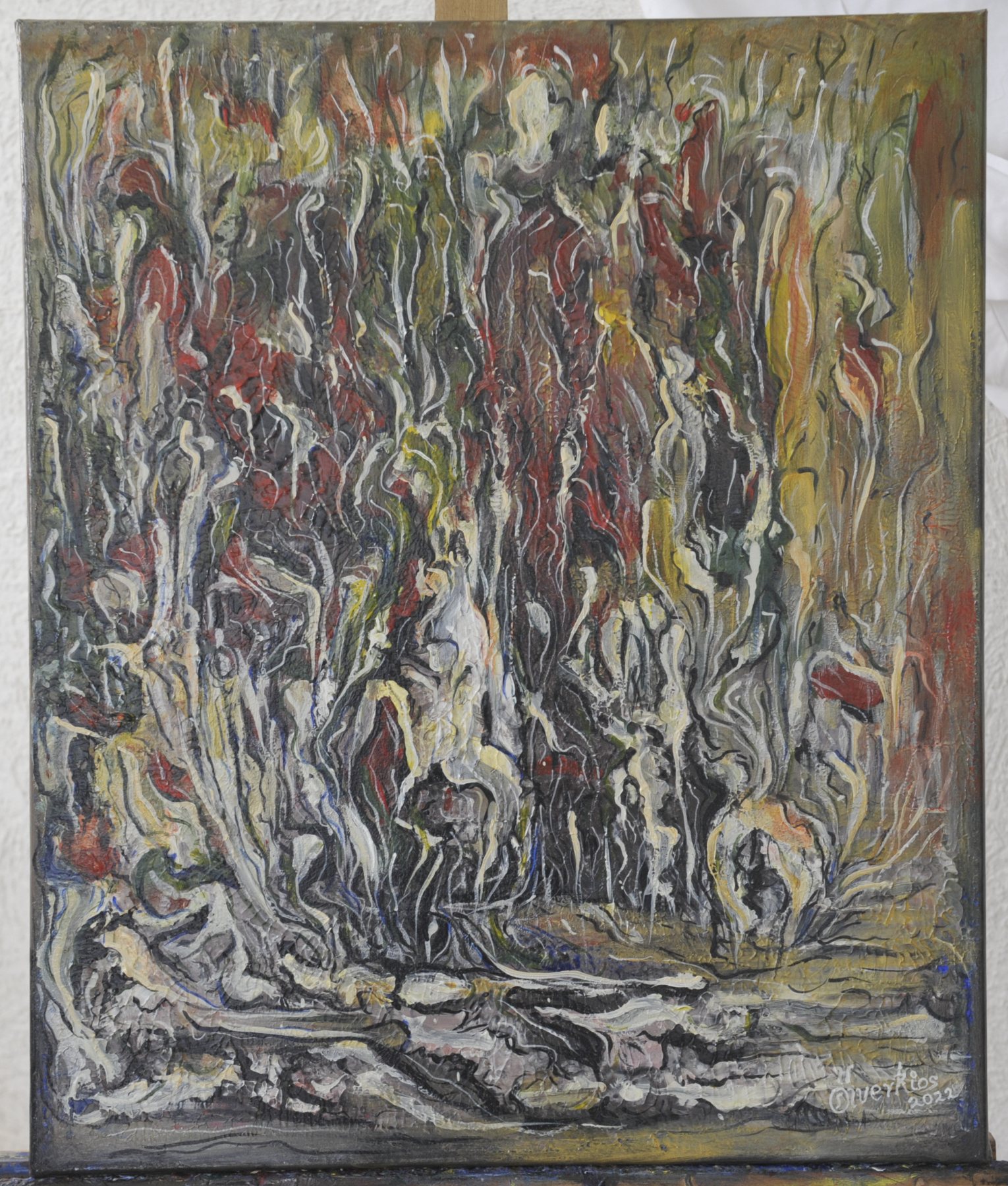 Portrait-format abstract painting with a dense network of textured vertical wavy lines in grey, white, ochre and dark red