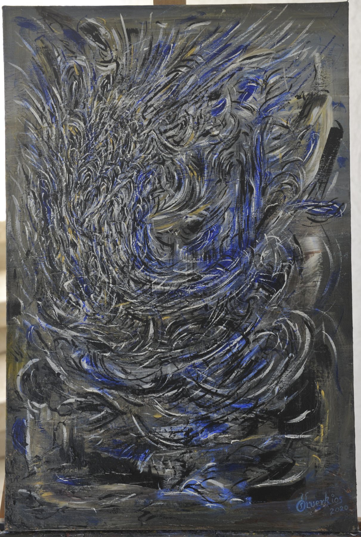 Portrait-format abstract painting with a swirling circular vortex of dense curving hatch marks in black, grey, white and vibrant blue