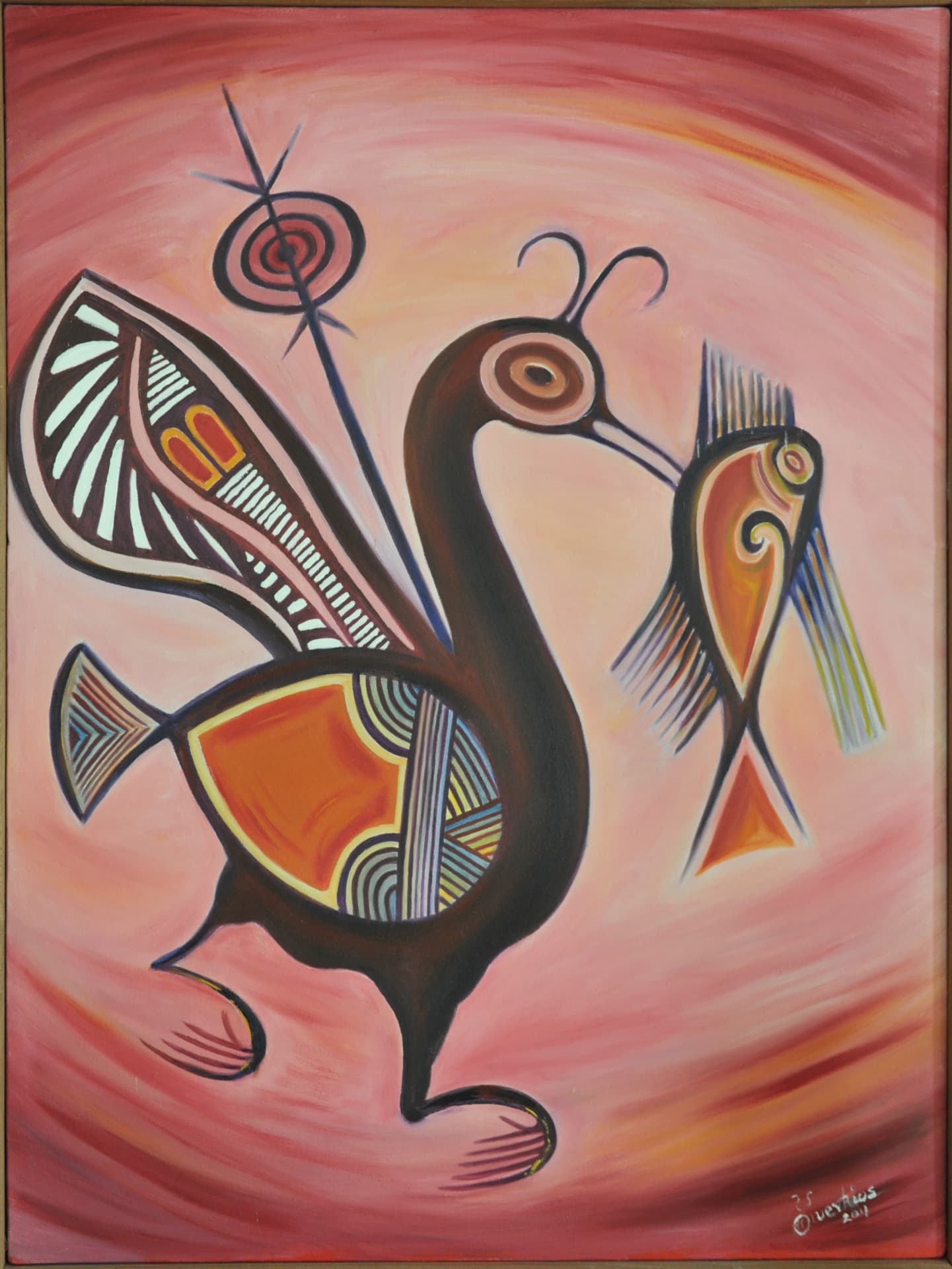 Painting of two stylized black creatures with patterned wings and orange bodies swirling within a red and pink sky