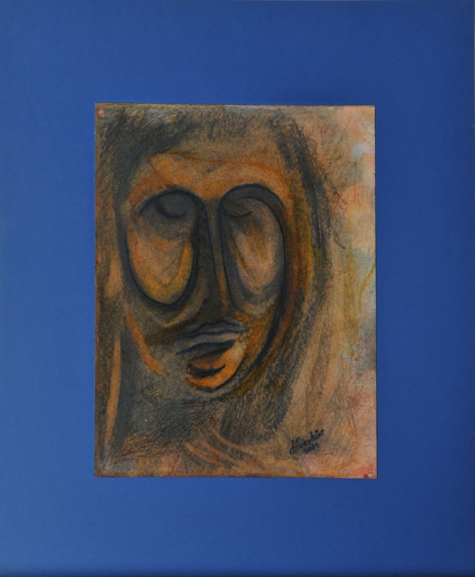 Mask-like face with large drooping oval eyes in black lines over ochre and orange washes, on paper mounted on a blue mat