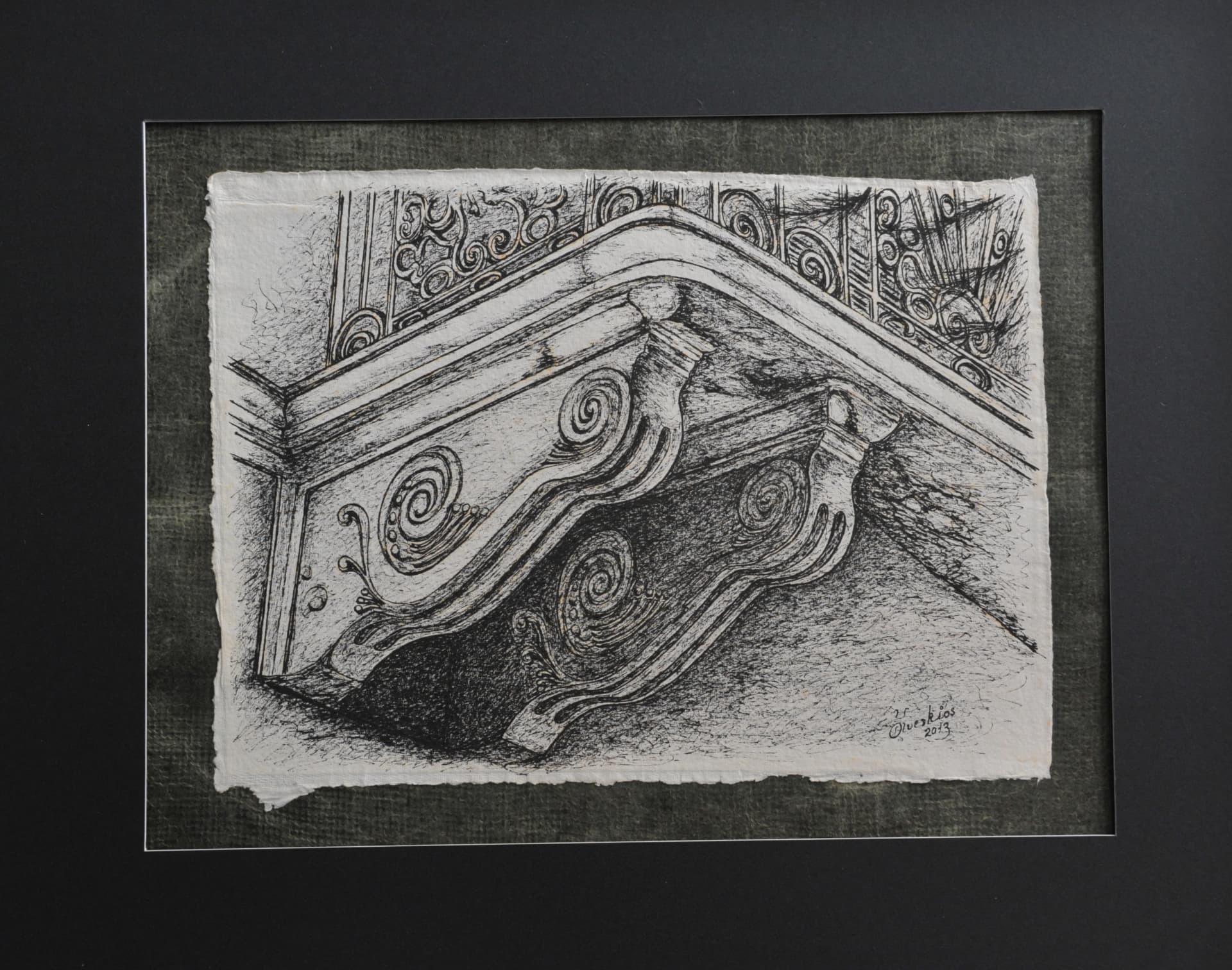 Landscape-format ink drawing seen from below at the underside and scroll brackets of an ornate balcony, on paper mounted on a dark olive-grey mat
