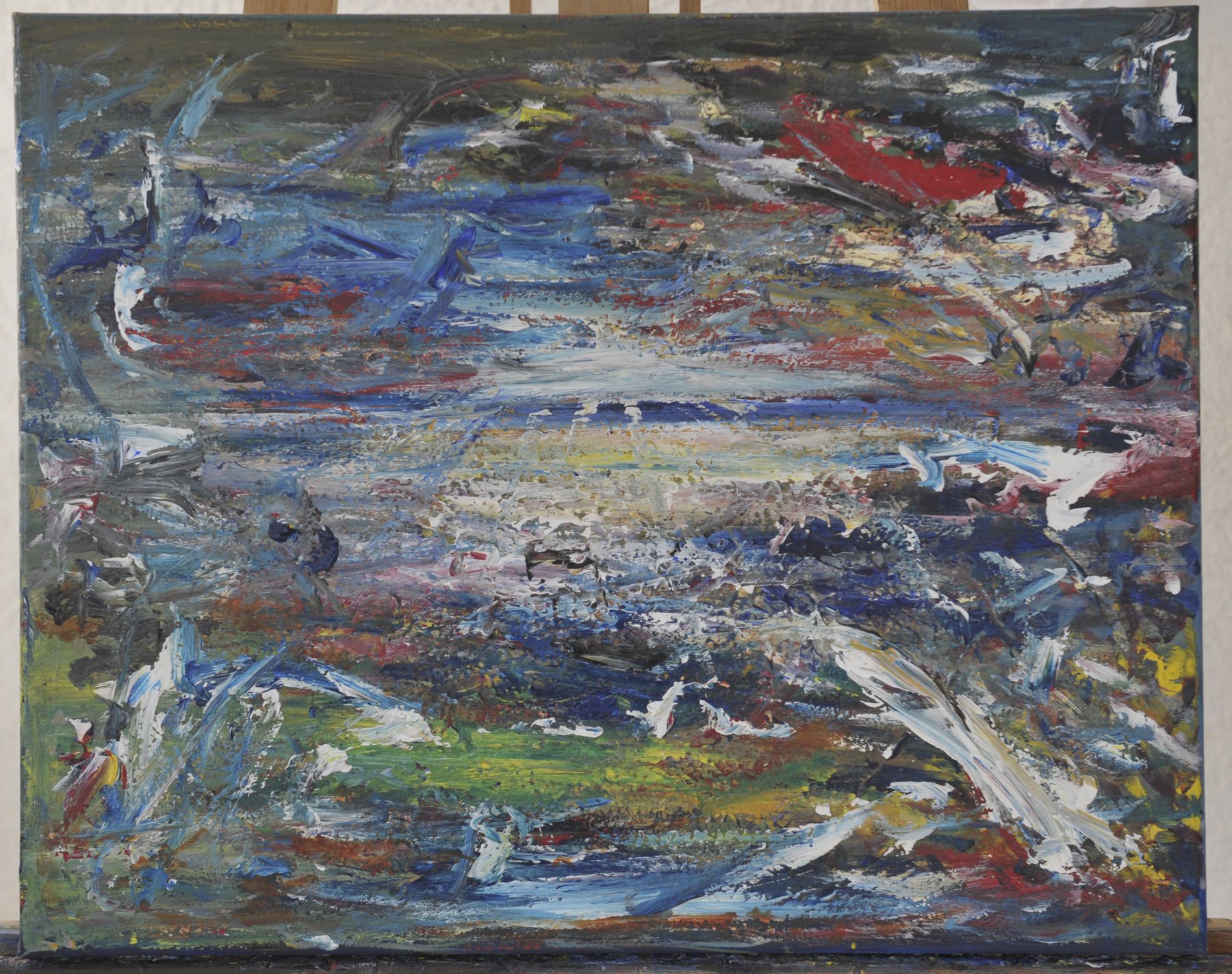 Landscape-format abstract painting of thick layered horizontal and diagonal marks in blue, white, grey, black and green