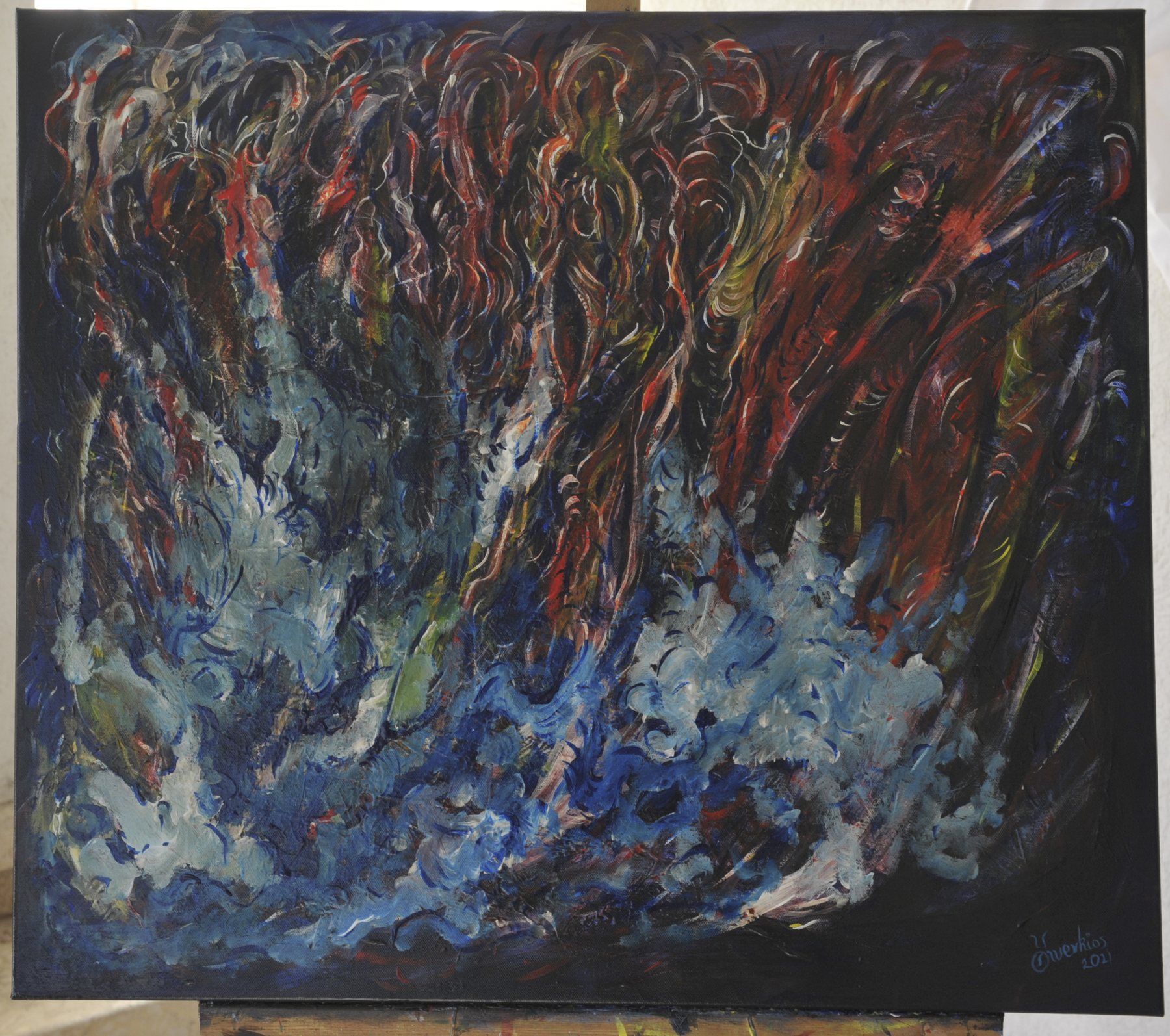 Near-square abstract painting with flame-like vertical wavy strokes in crimson and orange above billowing textured masses of blue on a black ground