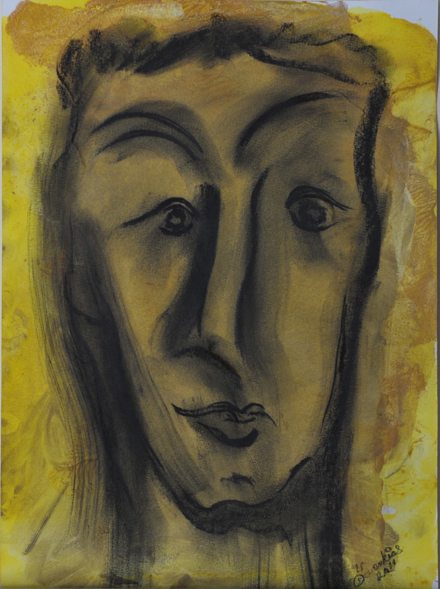 Large frontal face with hollow eyes in dark ink and charcoal over a bright yellow wash, on paper