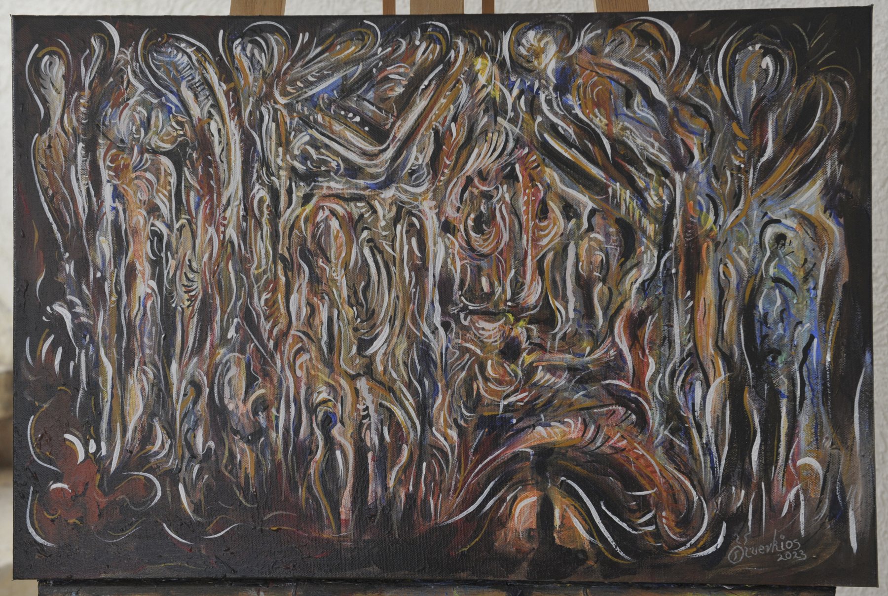 Landscape-format painting with tangled tree-like forms in grey, ochre and dark red
