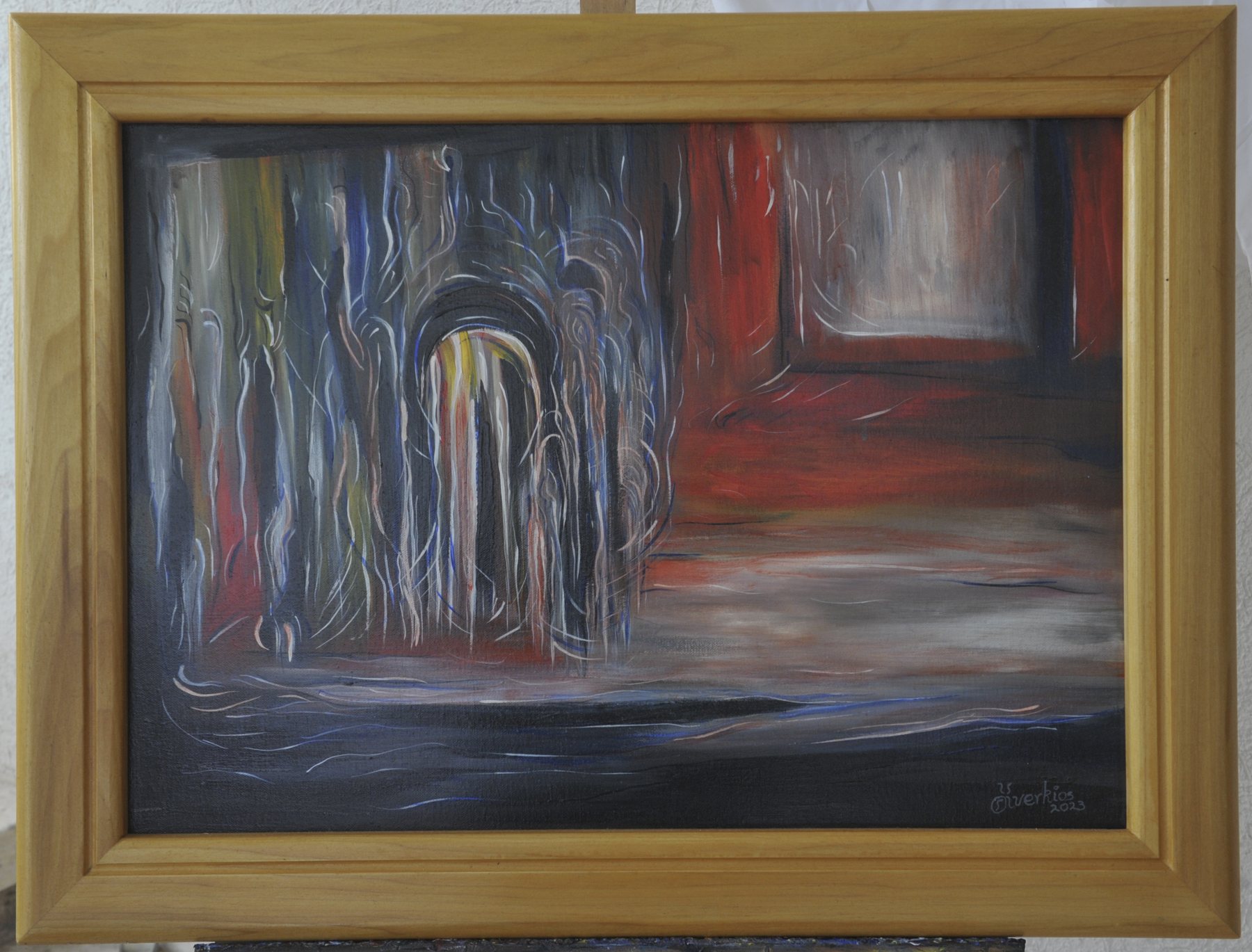 Landscape-format painting with an arched opening amid vertical dripping lines beside a red panel, in black, grey, white and red, in a wooden frame