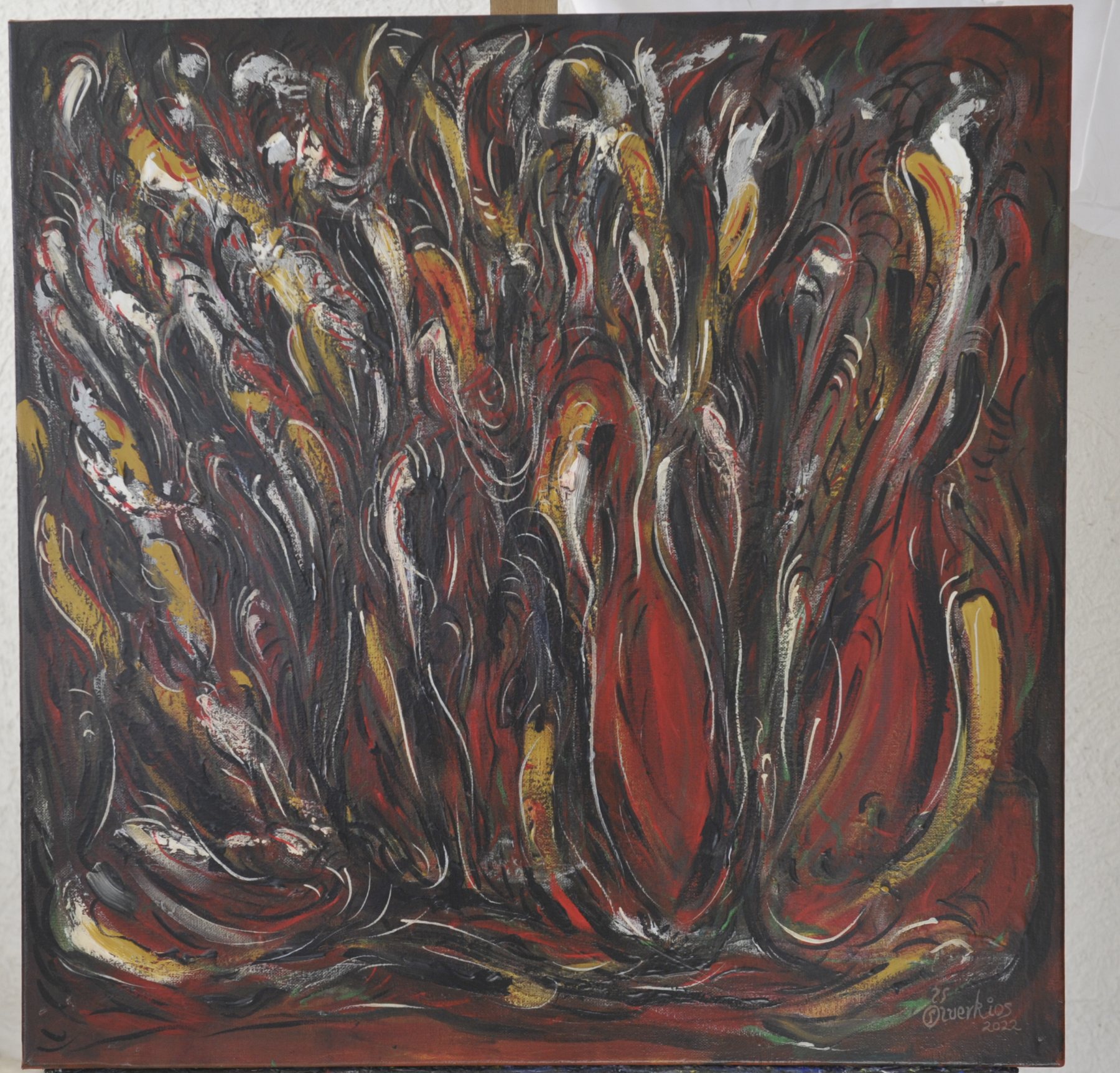 Abstract painting with upward-curving vertical strokes in deep red, black, ochre yellow and white