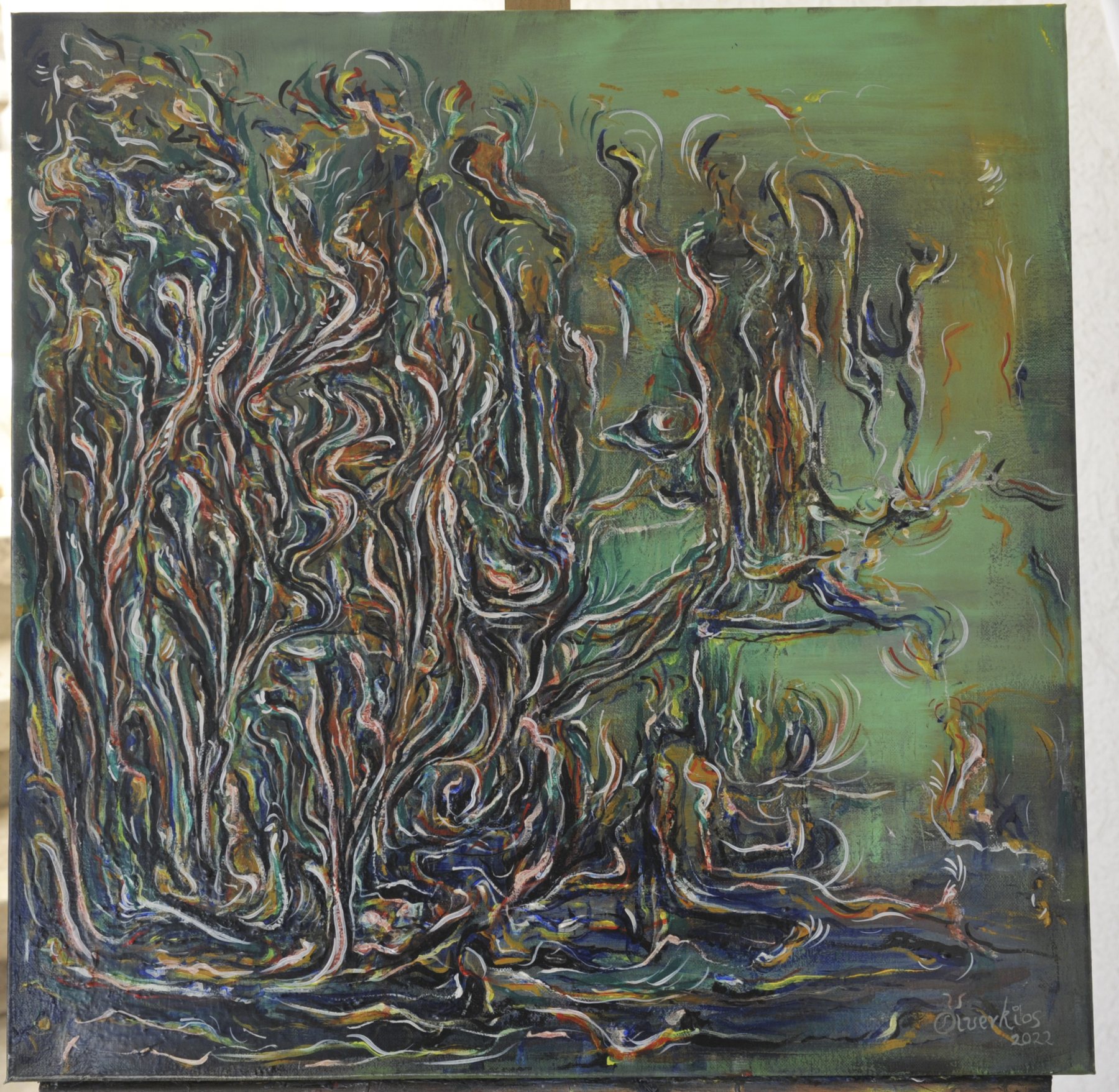 Square-format abstract painting with dense clusters of undulating ribbon-like strokes in olive green, black and white