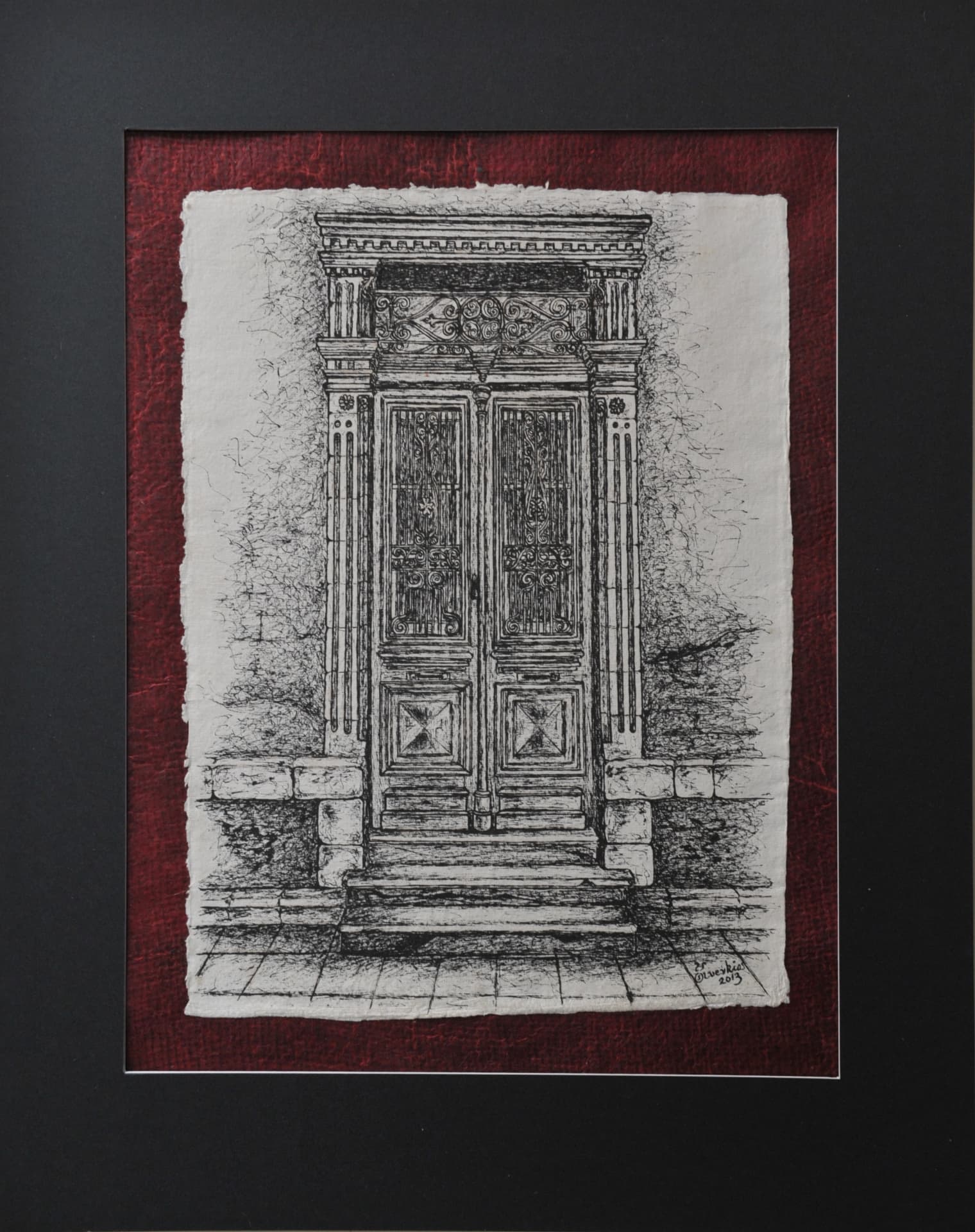 Ink drawing of an ornate doorway with panelled double doors, ironwork and a carved pediment above exterior steps, on paper mounted on a deep red mat