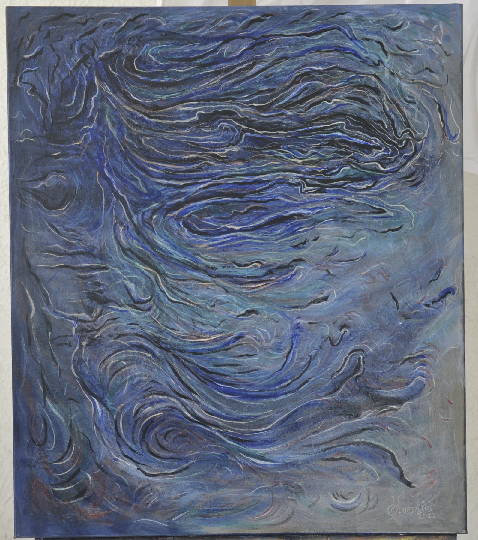 Portrait-format abstract painting with flowing wave-like concentric swirls and linear rhythms in blue, slate-grey and black
