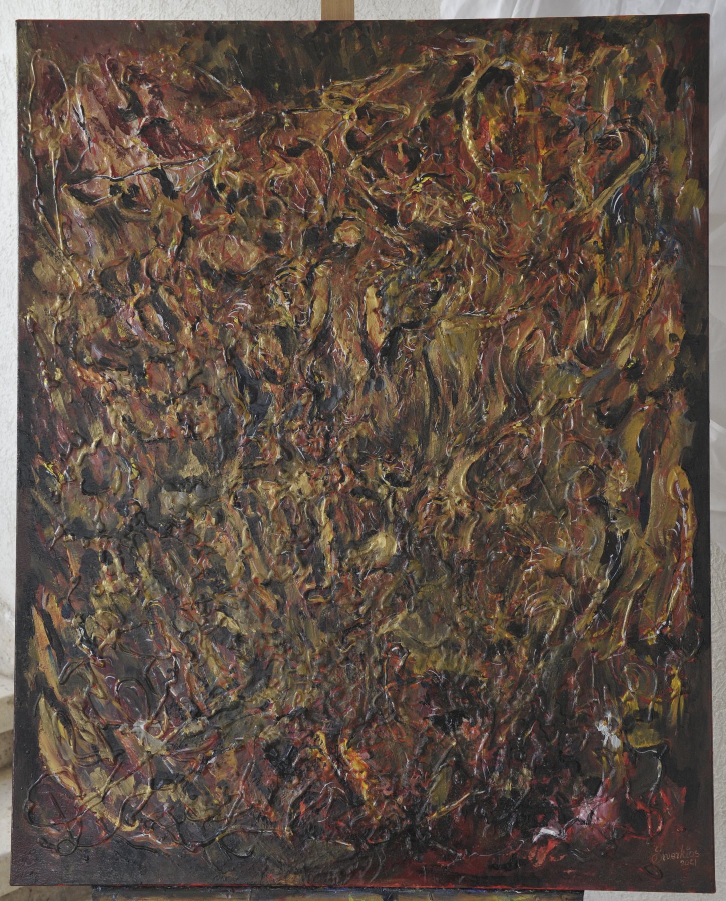Portrait-format abstract painting with interwoven ochre, red and dark markings
