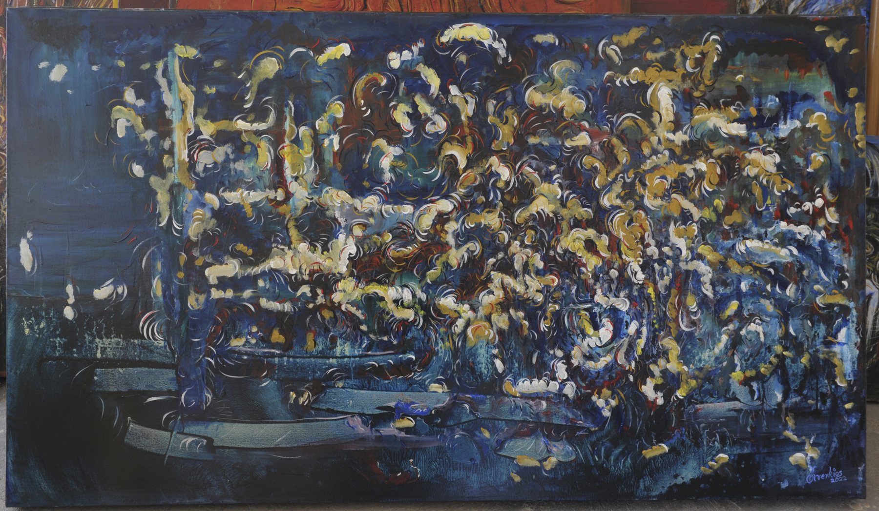 Landscape-format abstract painting with swirling curled brushmarks over broad horizontal strokes in deep blue, white and yellow