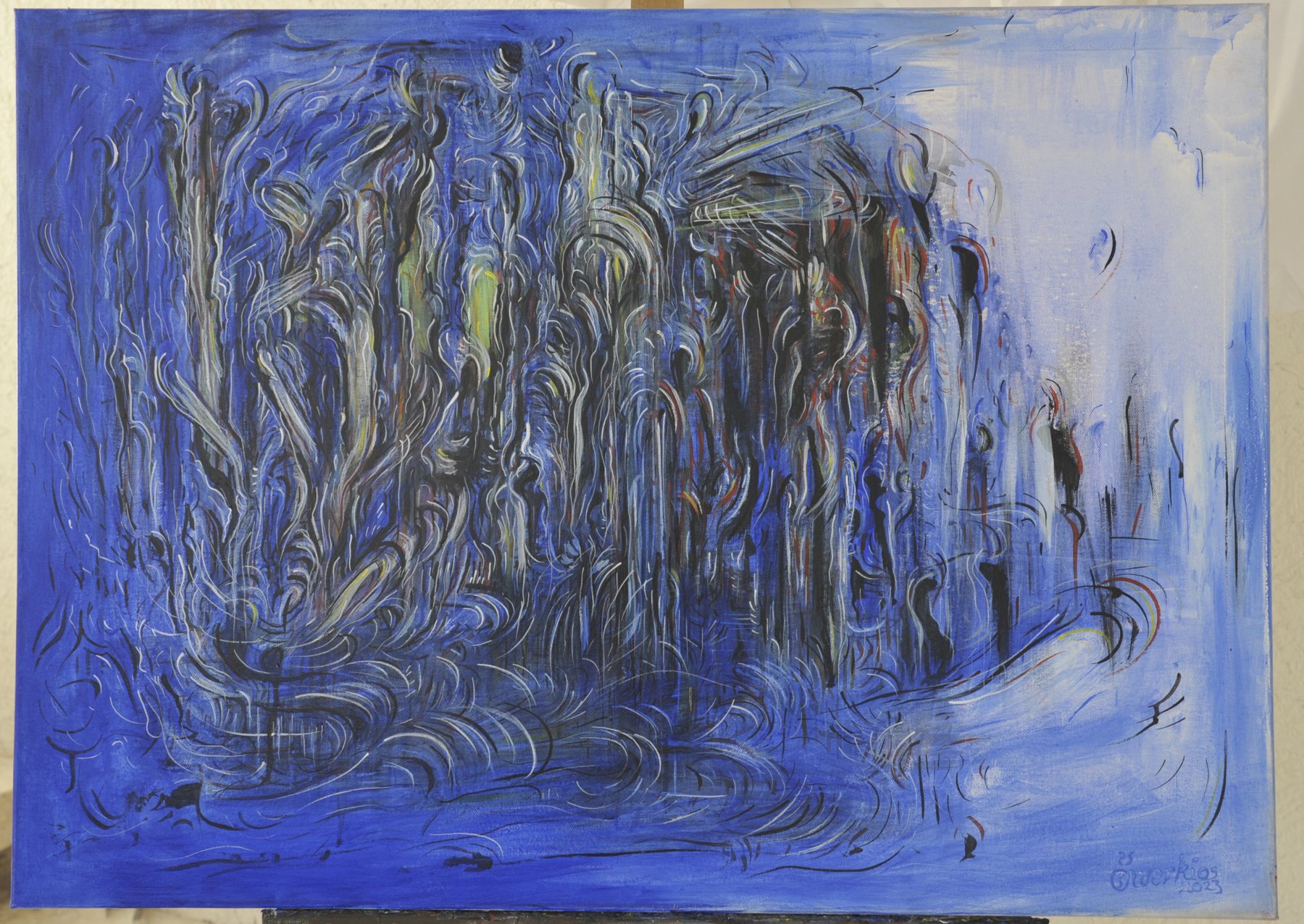 Landscape-format abstract painting with dense vertical streaks and swirling lines in blue with white, black, yellow and red accents