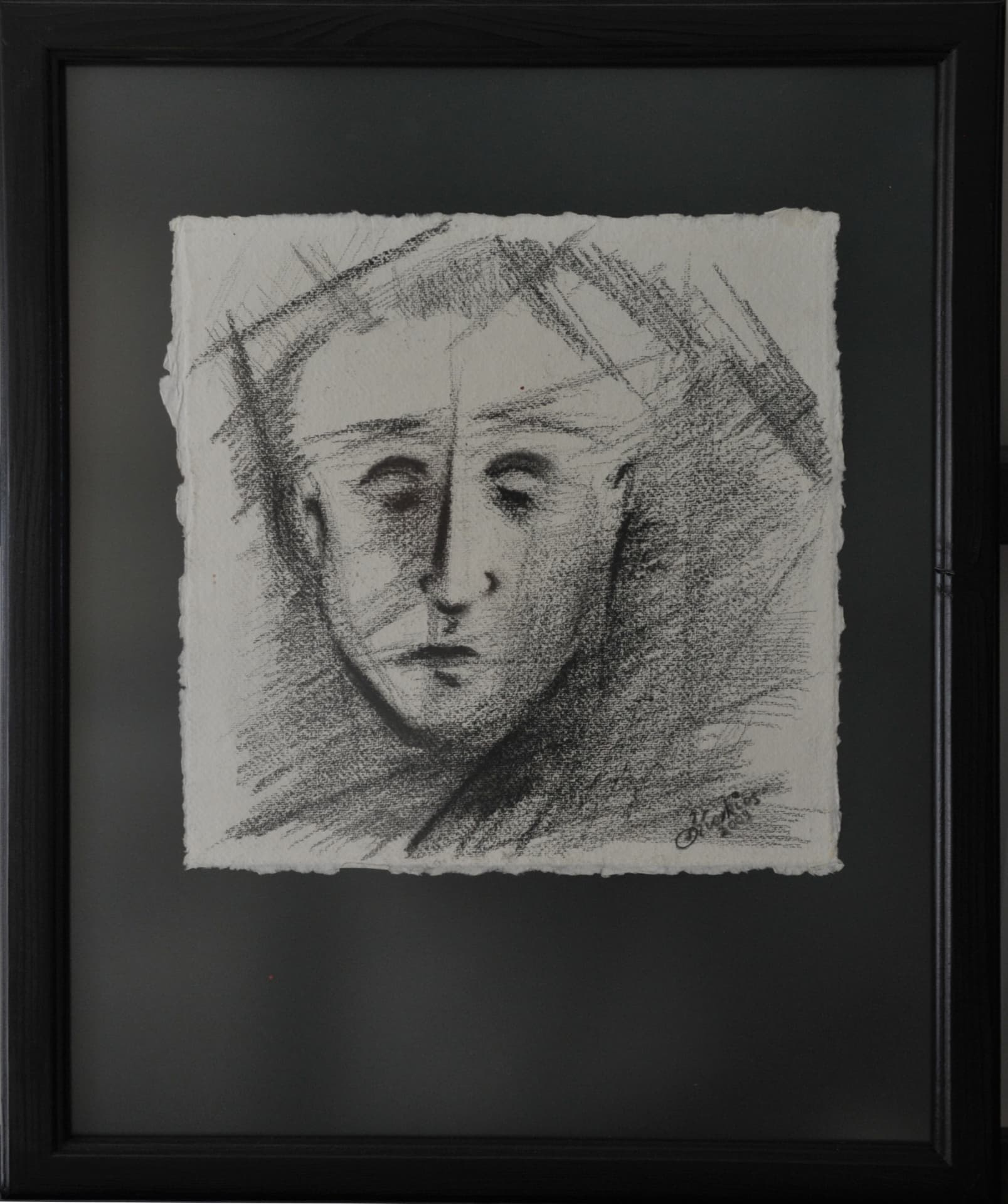 Portrait of a face with downcast eyes and crosshatched shading in charcoal on paper, mounted on a grey mat
