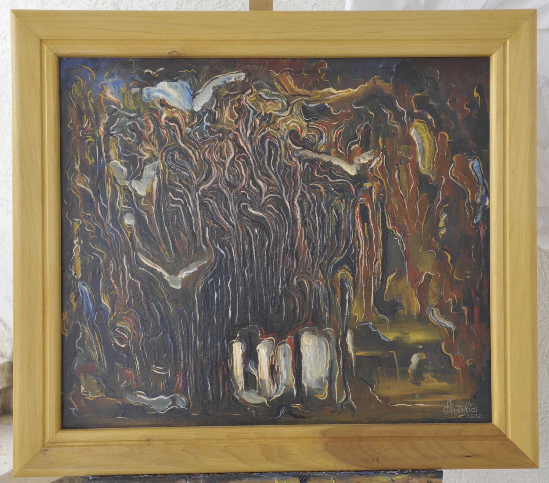 Abstract painting with dense vertical swirling lines, pale bird-like shapes and block forms in dark brown, black and ochre, in a wooden frame