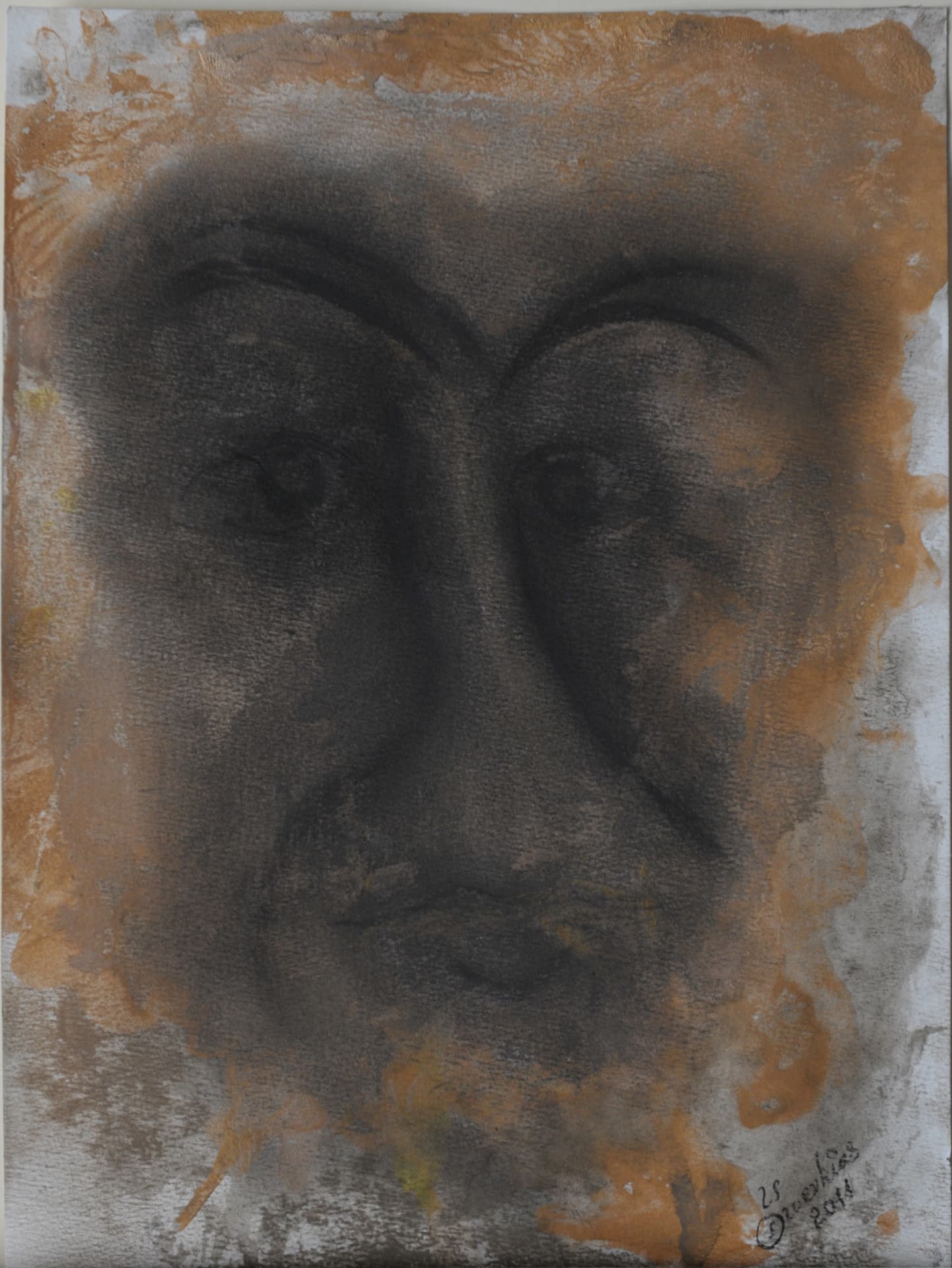 Shadowy face in dark charcoal over burnt orange and grey washes, on paper