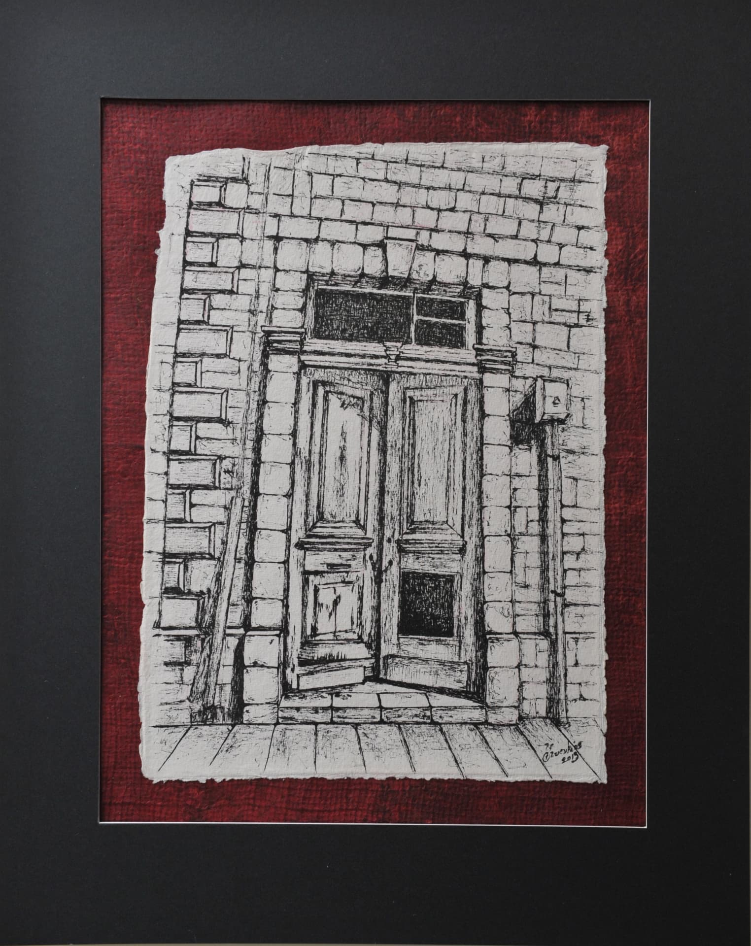 Ink drawing of a stone facade with a slightly ajar double wooden door beneath a transom window, on paper mounted on a deep red mat