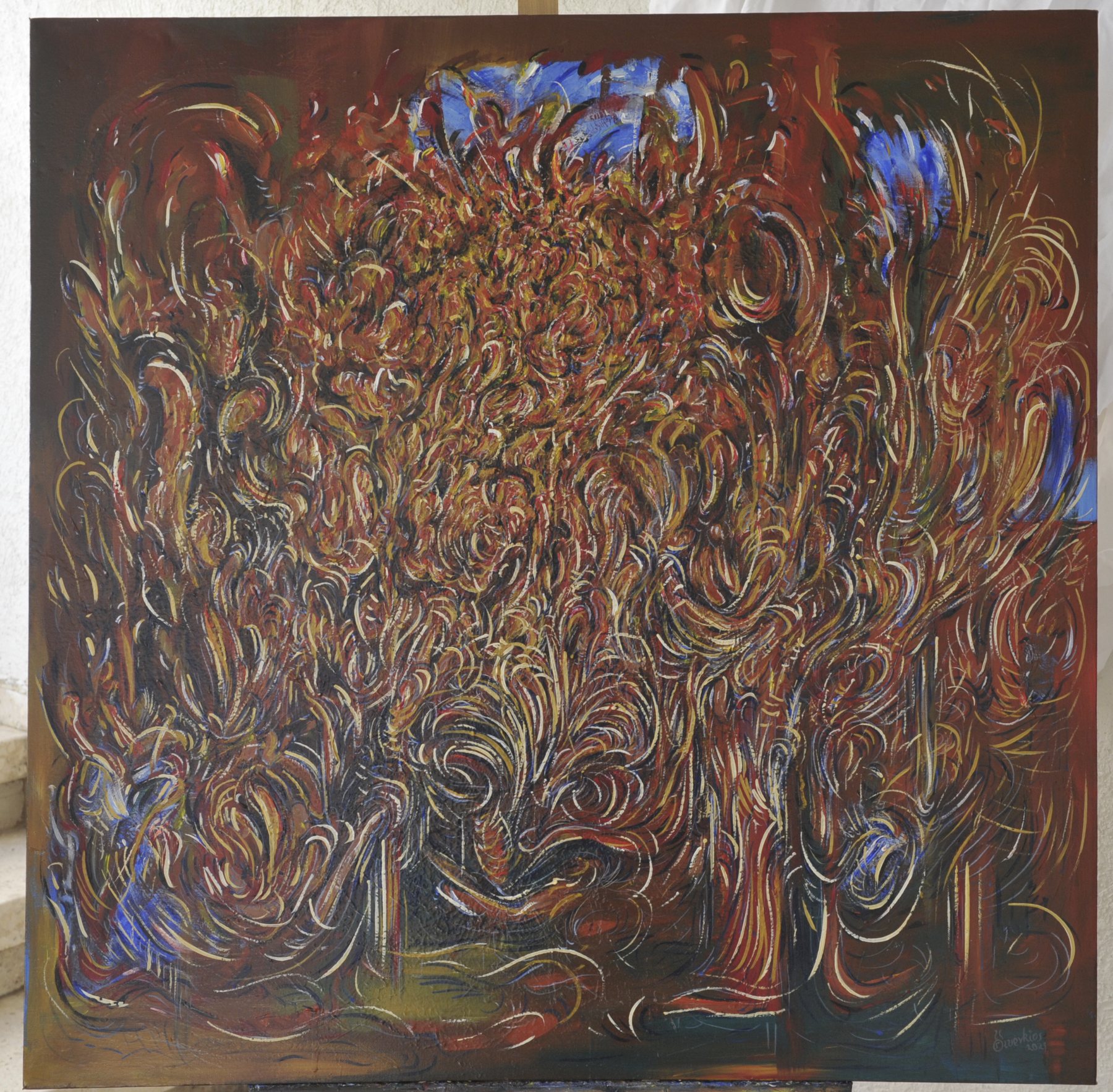 Painting with curling tree-like forms in rust red and ochre, with patches of blue