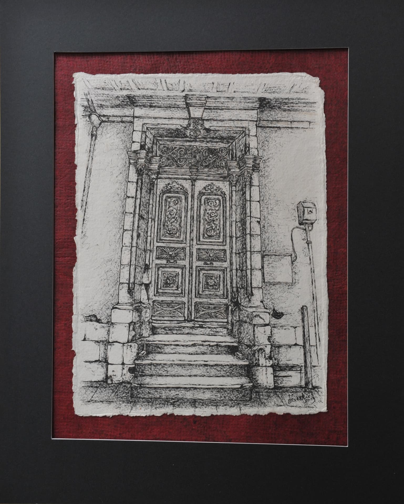 Ink drawing of an ornate stone doorway with carved double doors and exterior steps, on paper mounted on a deep red mat