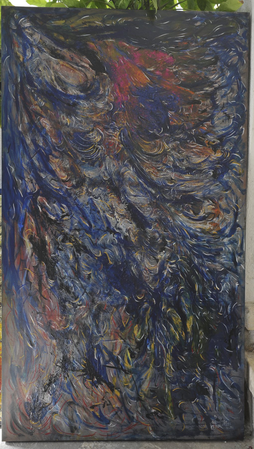 Portrait-format abstract painting with dense sweeping diagonal swirls in dark blue, black, grey, brown and magenta