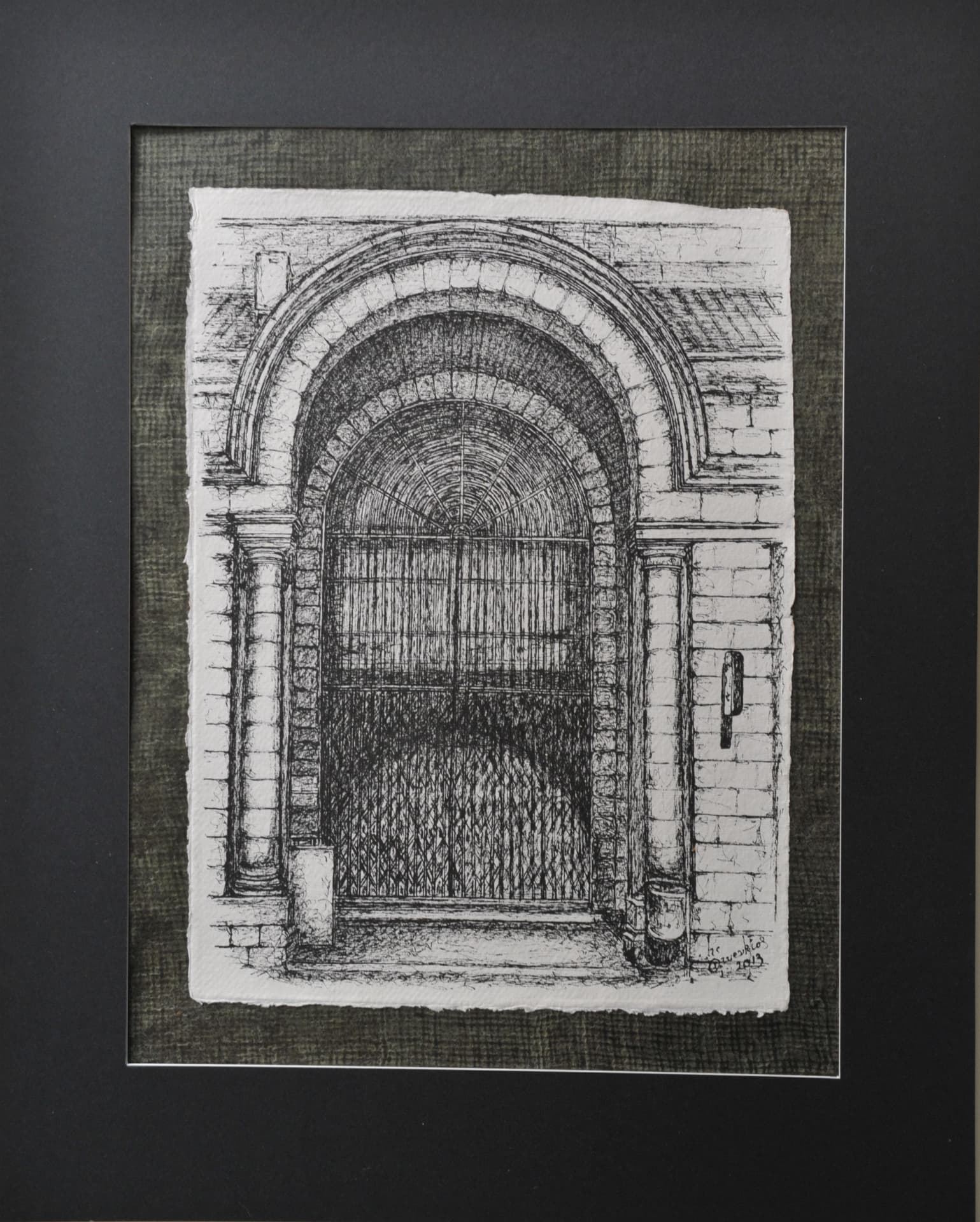 Ink drawing of a stone arched portal with an iron gate and flanking columns, on paper mounted on a dark olive-grey mat
