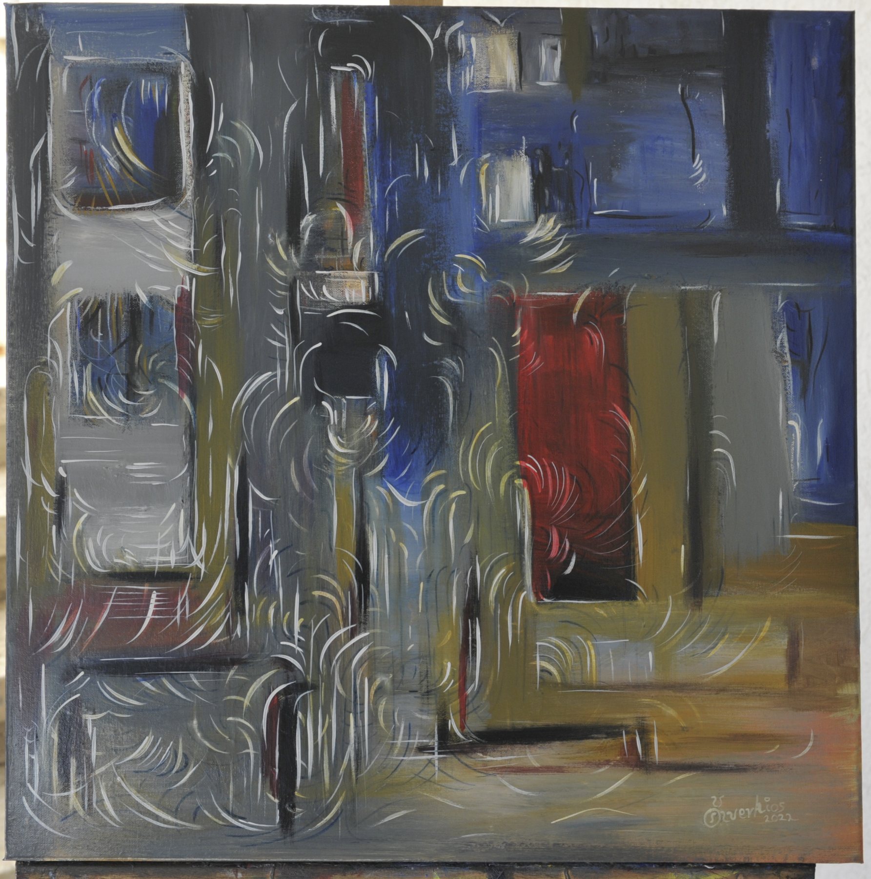 Square-format abstract painting with rectangular blocks of slate grey, deep blue and ochre overlaid with fine curved white line strokes