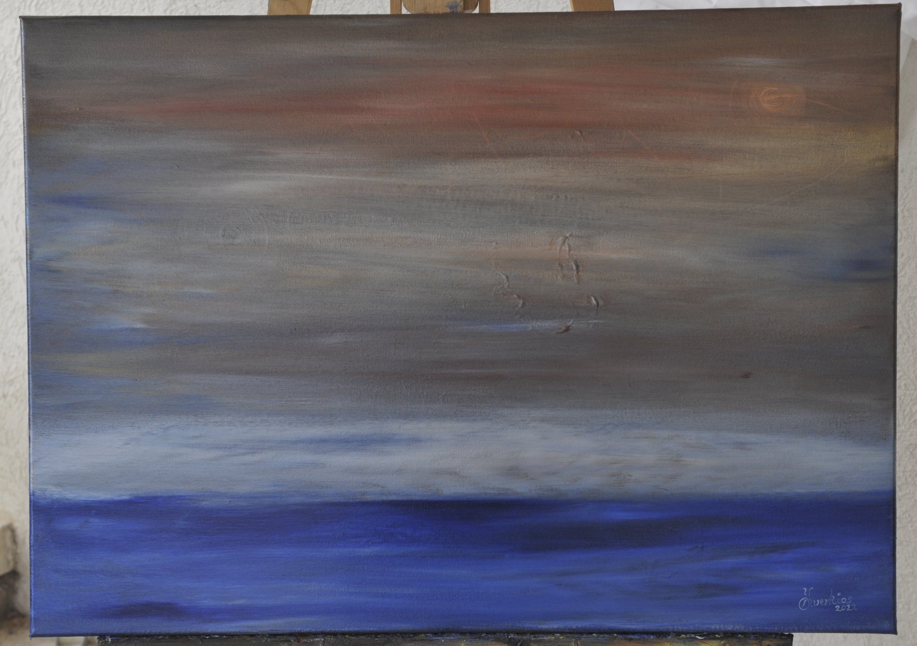 Landscape-format abstract painting of soft horizontal bands in grey, muted reddish-brown and bright blue
