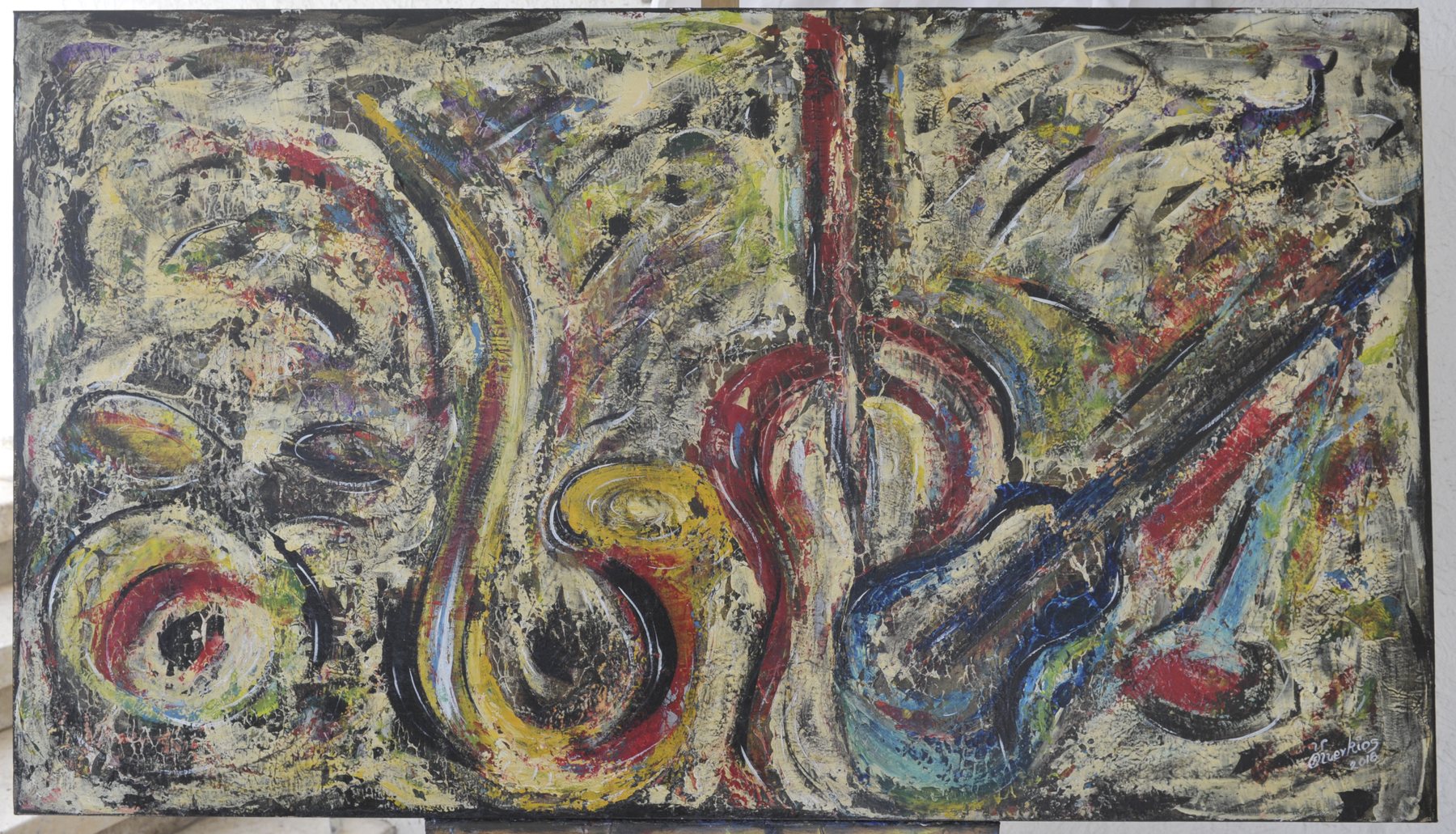 Landscape-format painting of stylized musical instruments, including a saxophone, across a pale yellow and black surface with red and blue