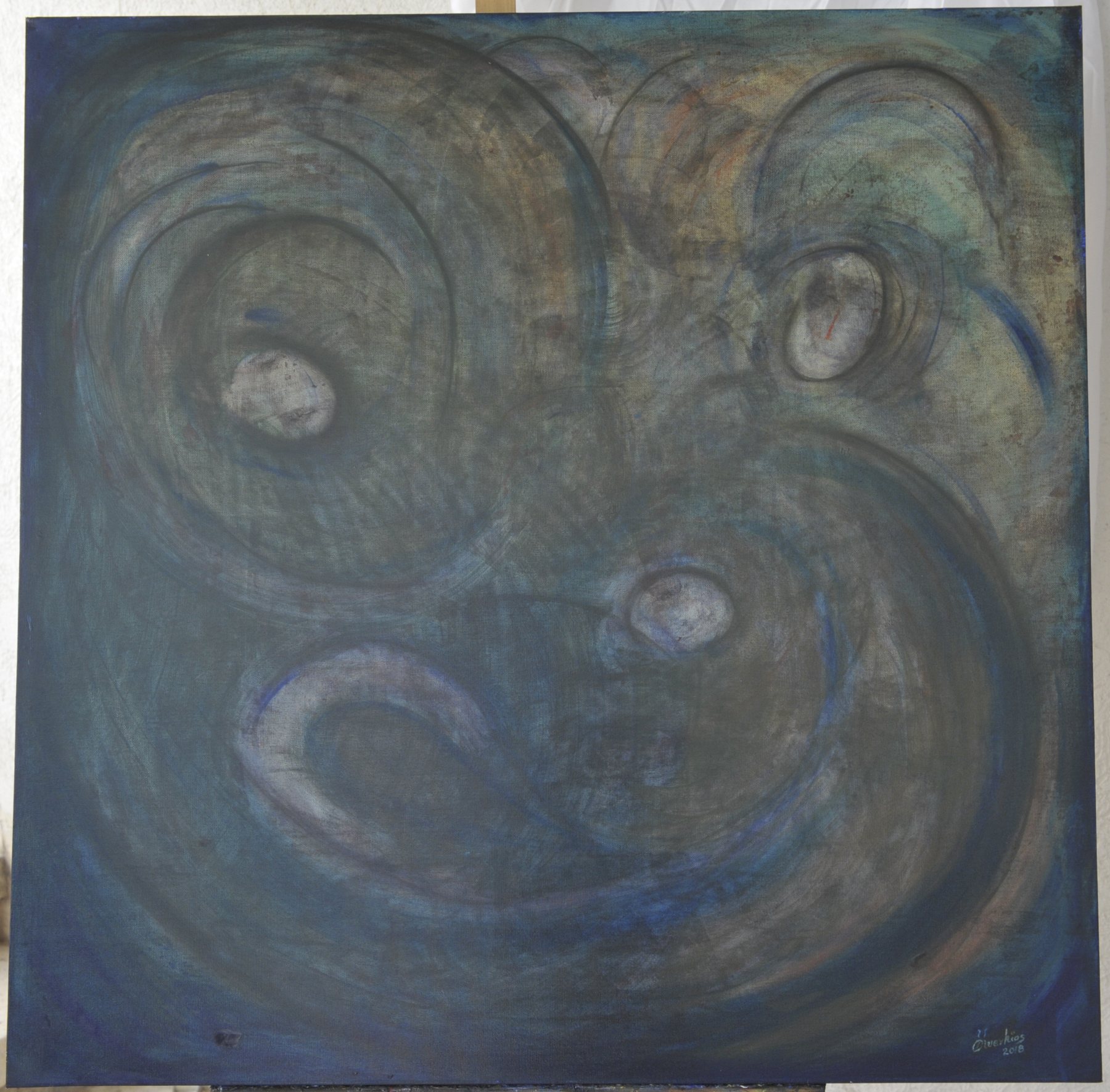 Abstract painting with swirling circular brushstrokes and three pale oval forms in dark blue, grey and muted brown