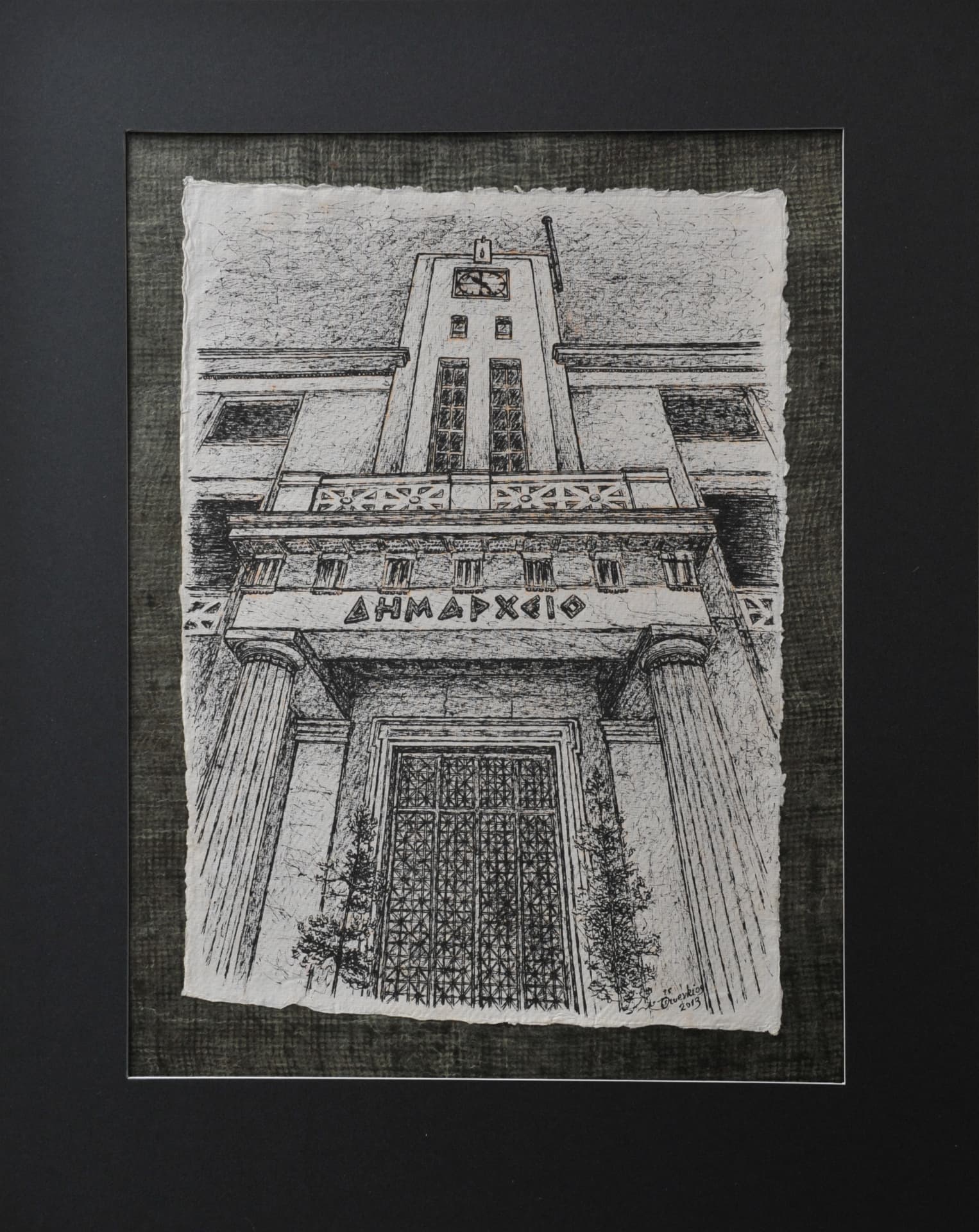 Ink drawing looking upward at a building facade with columns, a gated entrance, a balcony and a central clock tower, on paper mounted on a dark olive-green mat