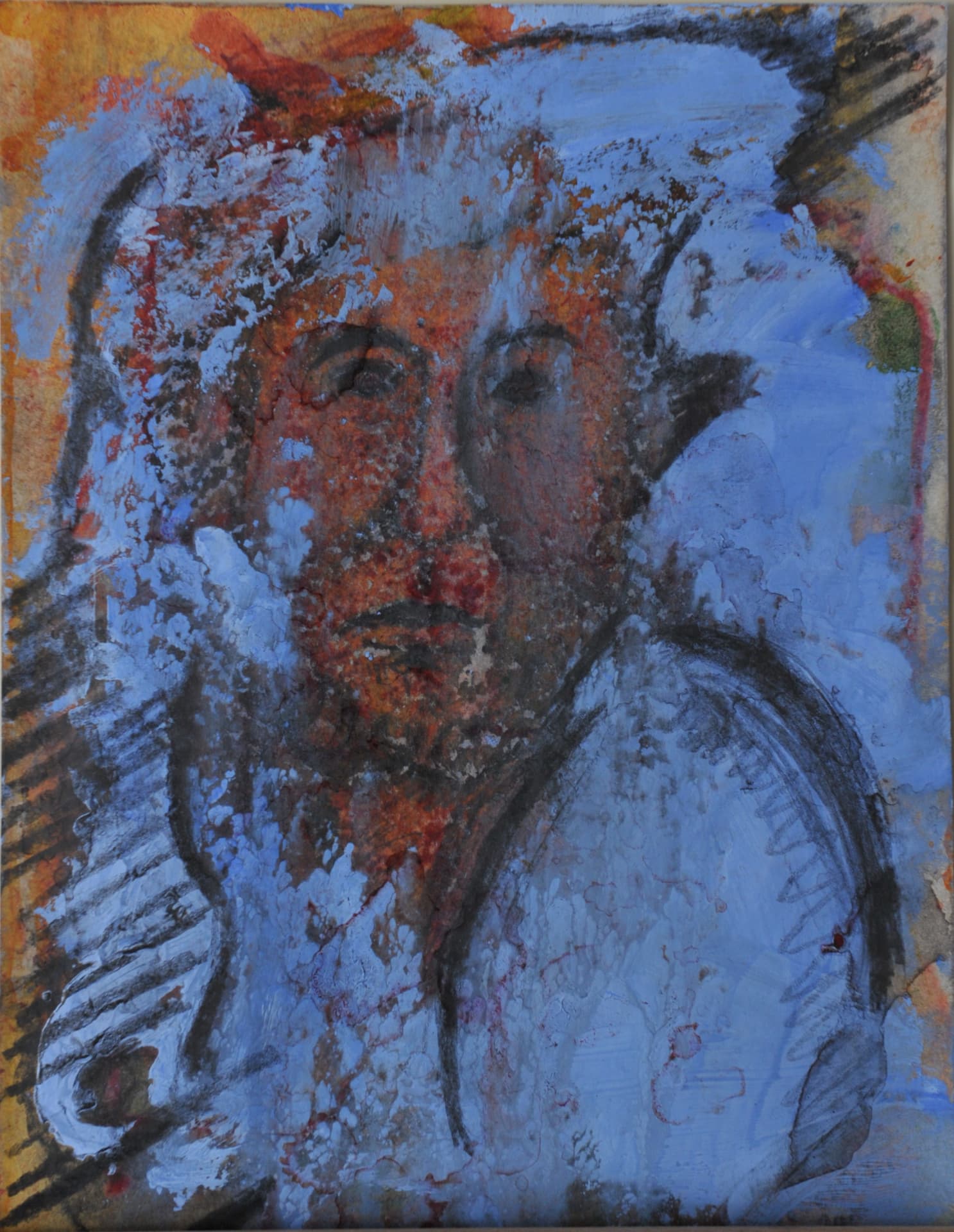 Bearded figure in orange and rust tones within heavy blue and grey washes and dark strokes