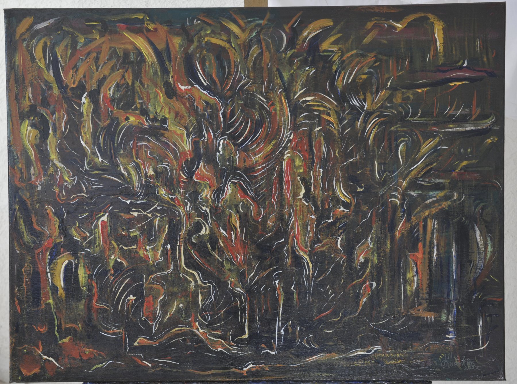 Landscape-format abstract painting with dense swirling curvilinear strokes in black, ochre yellow, deep red and white