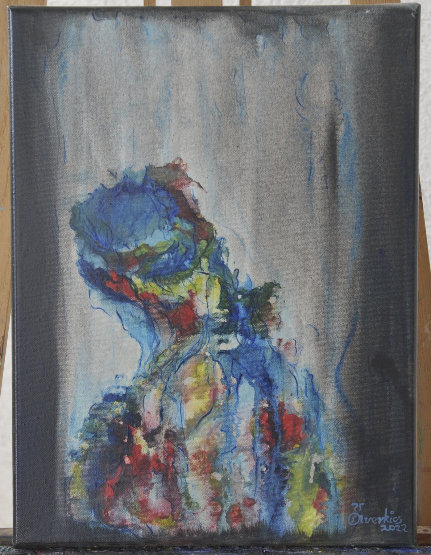 Portrait-format abstract painting with an upright mottled form marked by drips, against a brushed grey and black ground
