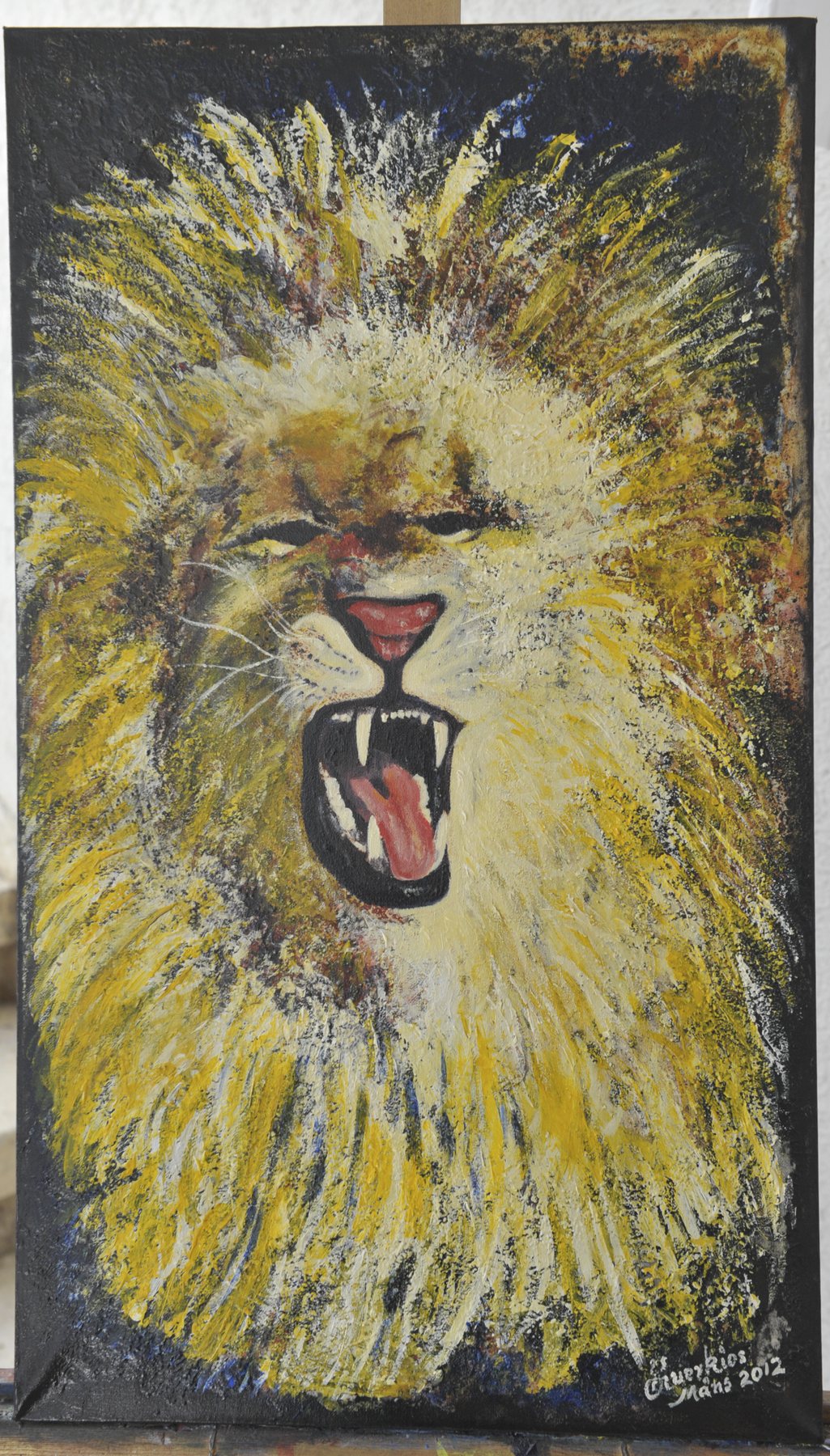 Portrait-format abstract painting with dense radiating linear strokes and fibrous clusters in reddish-brown, orange, yellow and black