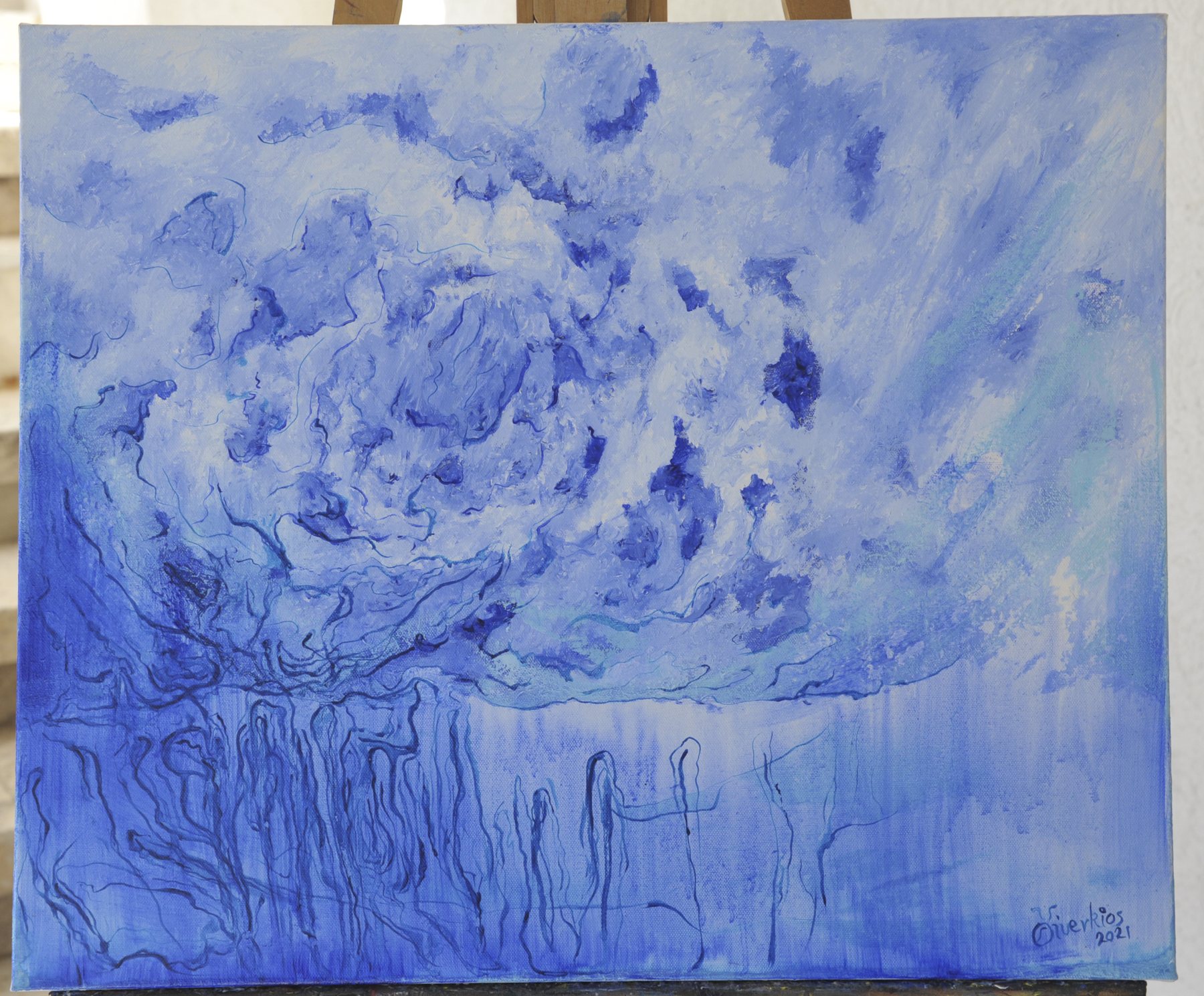 Landscape-format abstract painting with a billowing blue-and-white stippled mass above thin branching blue lines and vertical drips