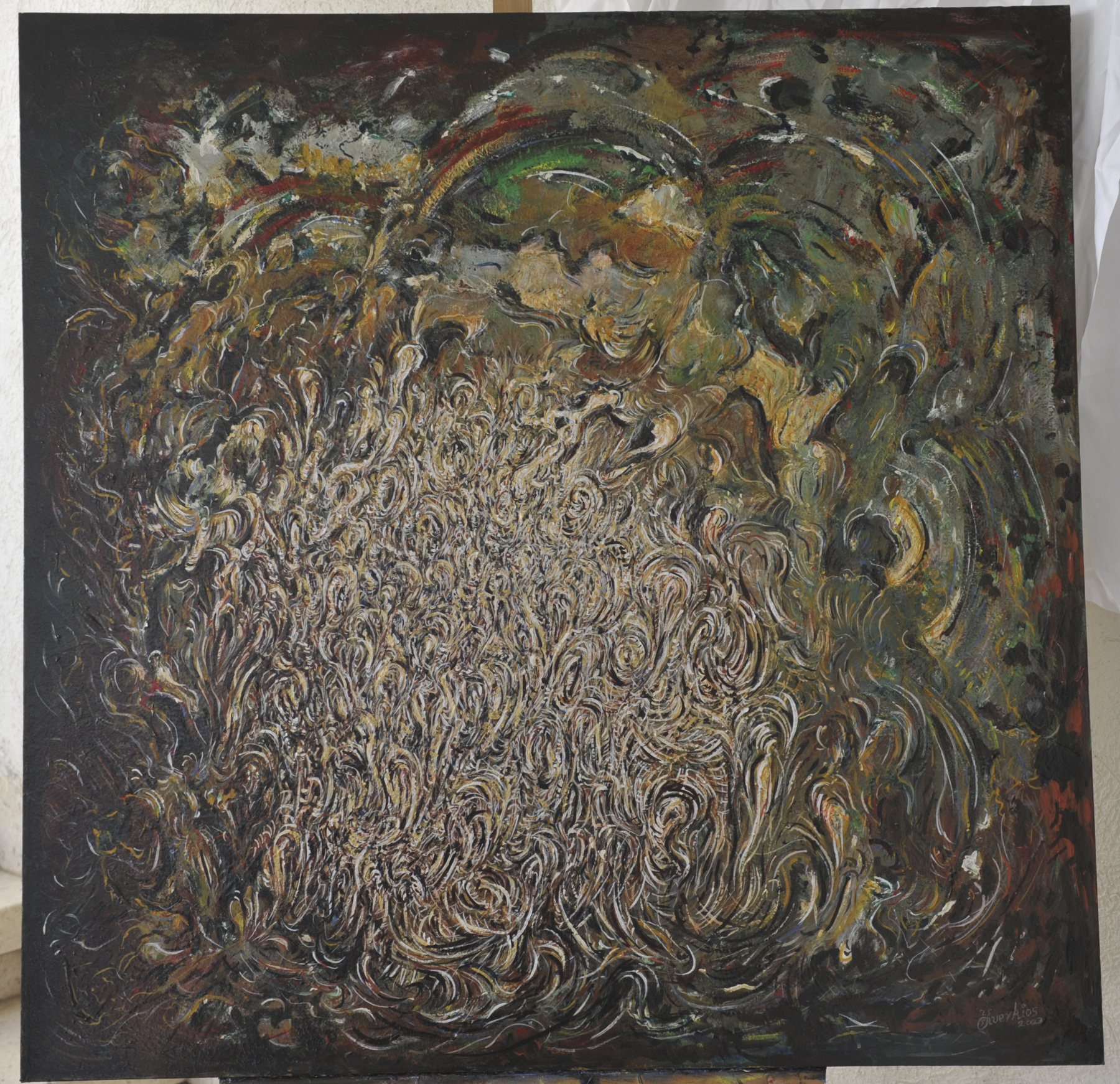 Dense abstract painting with fine swirling marks in grey, green and ochre