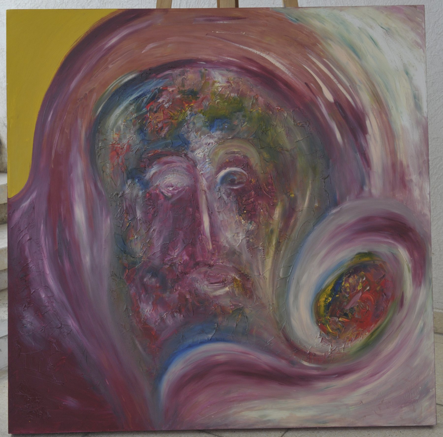 Painting of a stylized face enveloped by swirling pink, purple and white bands, with a yellow area at the upper left