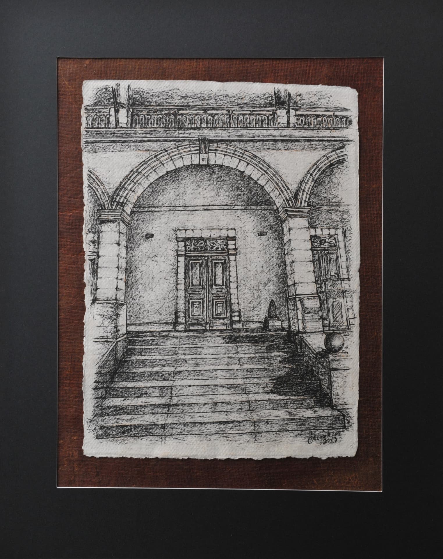 Ink drawing of stone steps rising to an arched entrance with a panelled door beneath a balustrade, on paper mounted on a reddish-brown mat