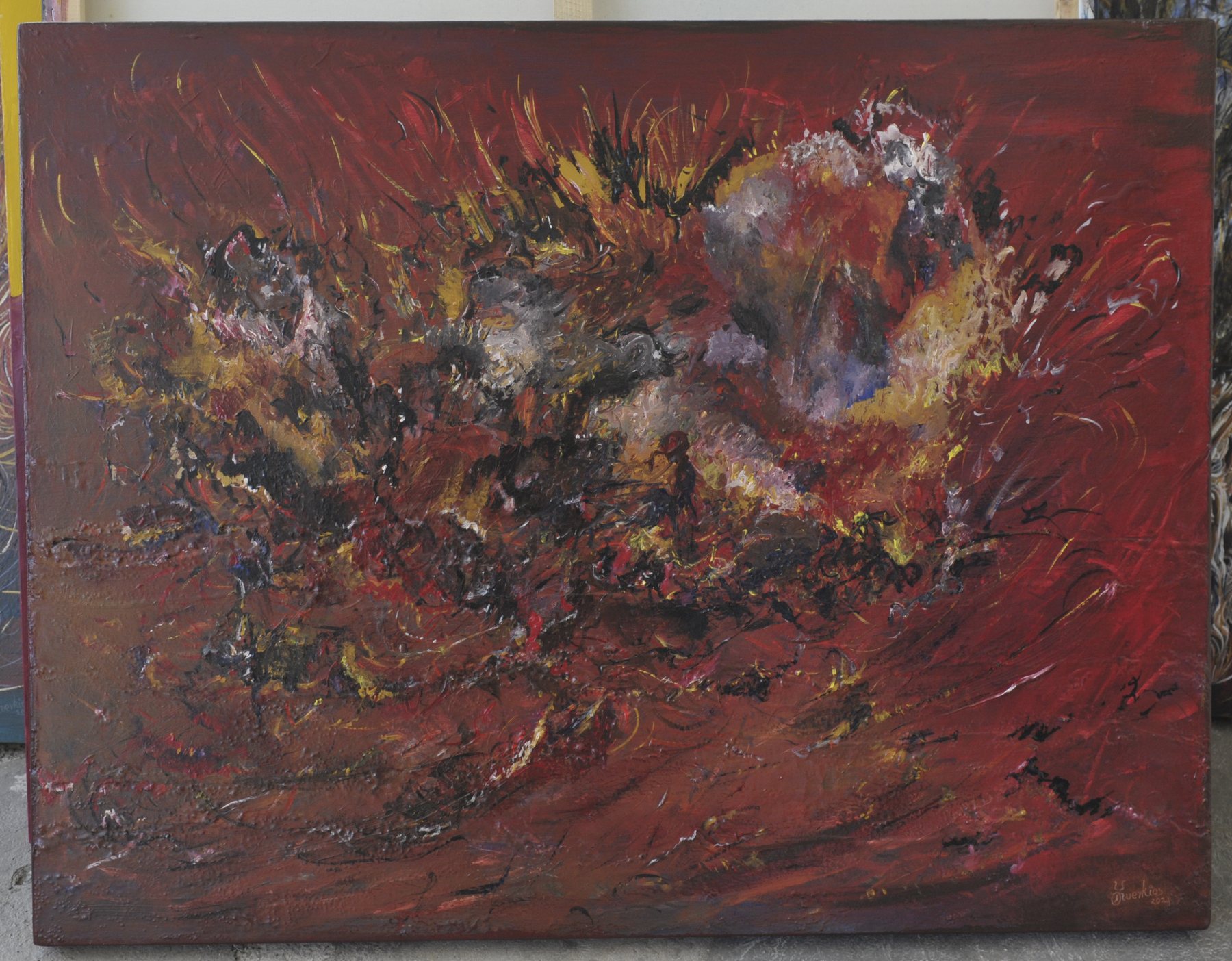 Landscape-format abstract painting of textured black, yellow and white marks across a dark red ground