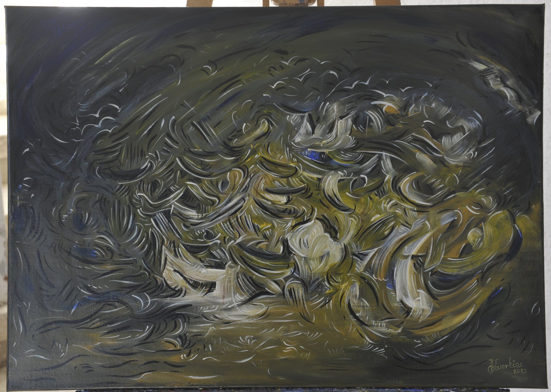 Landscape-format abstract painting with dense curved swirling strokes in black, dark grey, olive-ochre and white