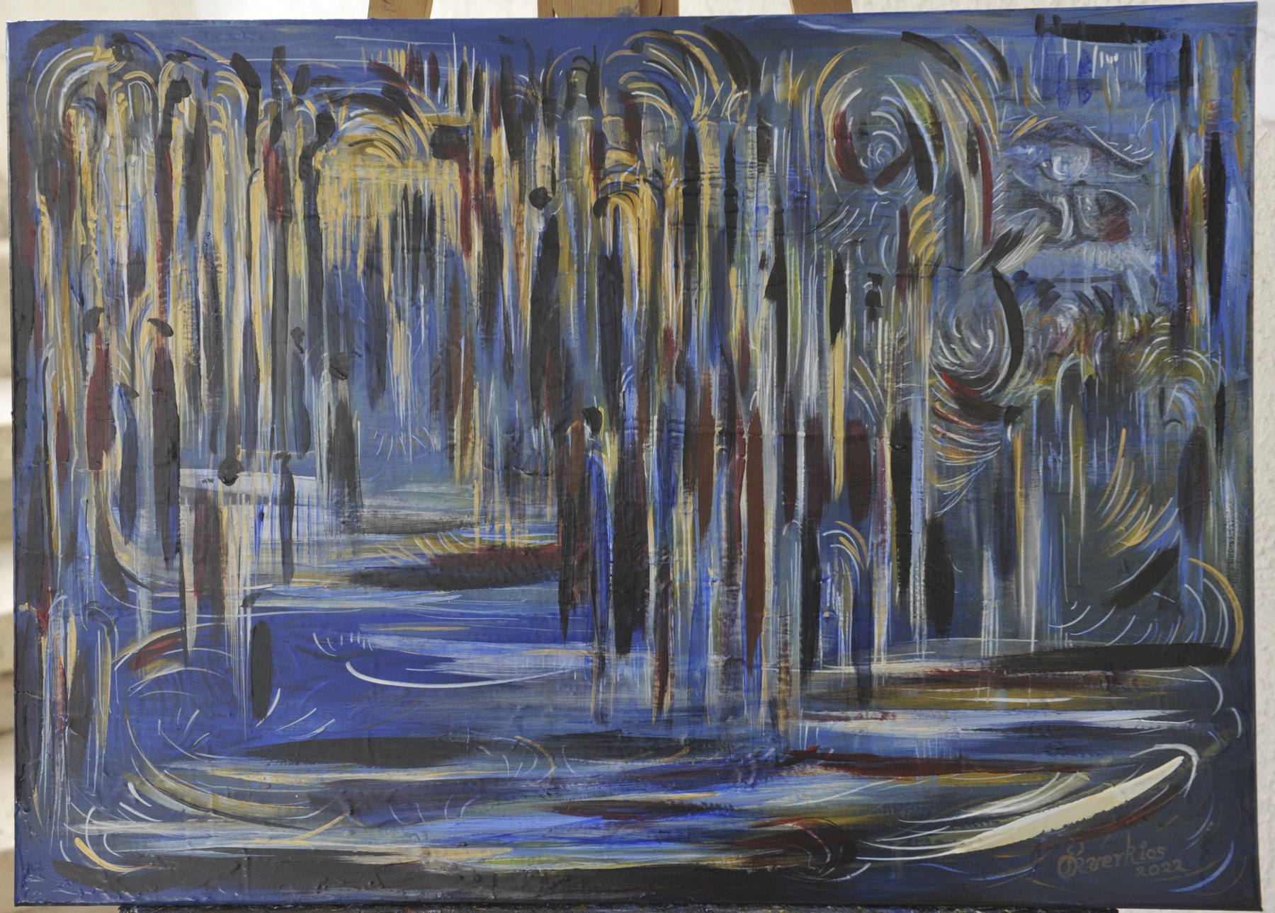 Landscape-format abstract painting with vertical strokes, arching patterns and linear swirls in blue, black, gold and white