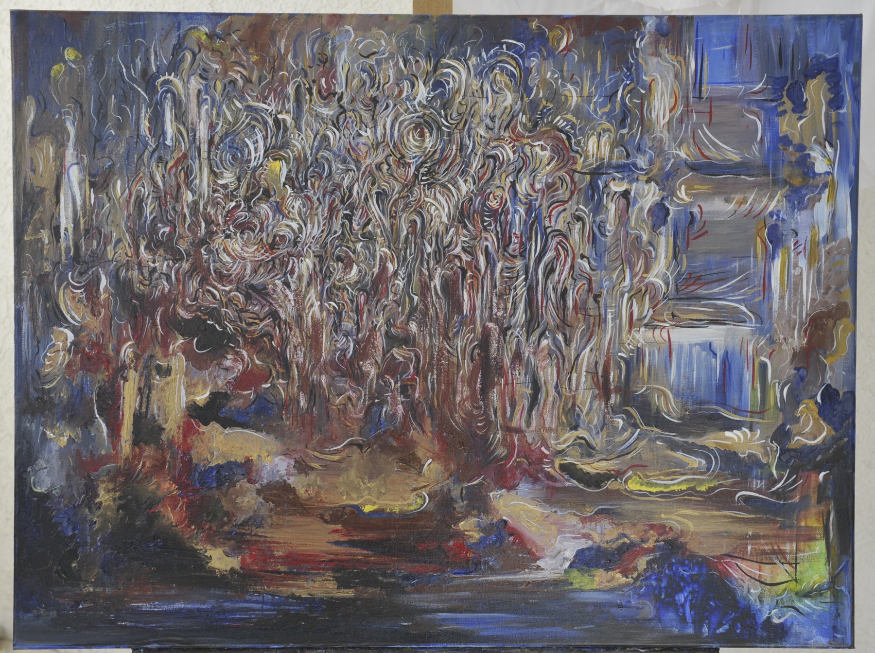 Landscape-format abstract painting with a dense central mass of tangled looping lines and vertical drips in white, brown, blue and black