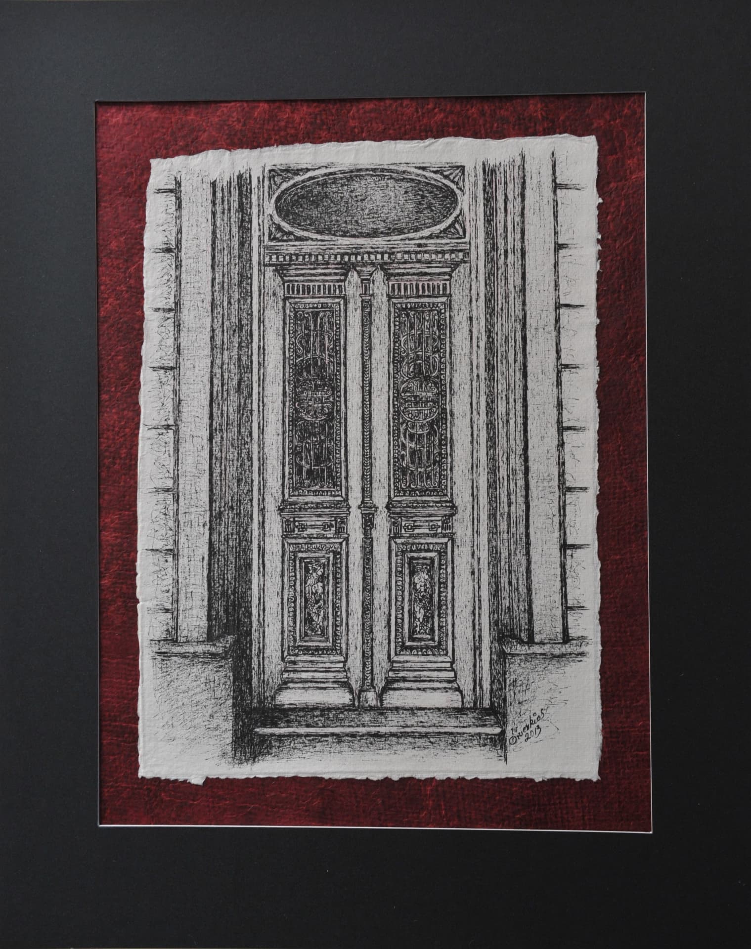 Ink drawing of a tall classical doorway with double doors, an oval transom panel and flanking stone pilasters, on paper mounted on a deep red mat