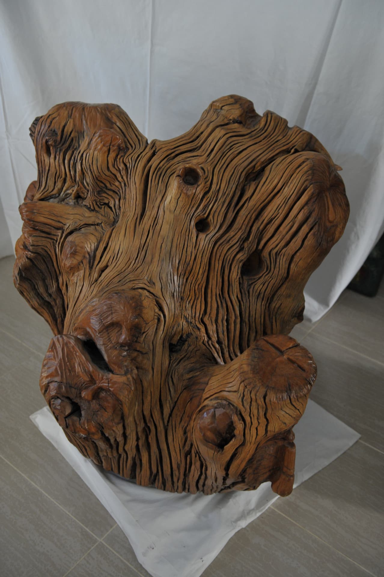 Upright wood carving with flowing grain and several carved faces