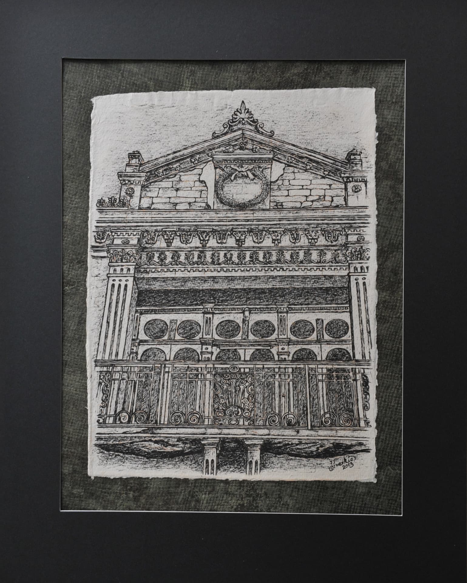 Ink drawing of an ornate classical pediment, frieze and railed balcony seen from the front, on paper mounted on a dark grey mat