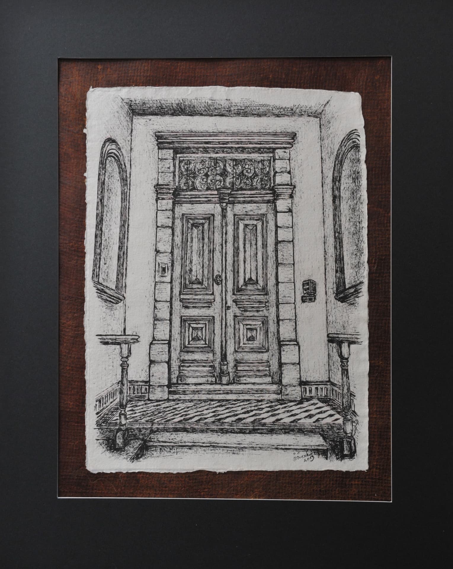 Ink drawing of a doorway seen through a vestibule with steps and side balustrades, on paper mounted on a reddish-brown mat