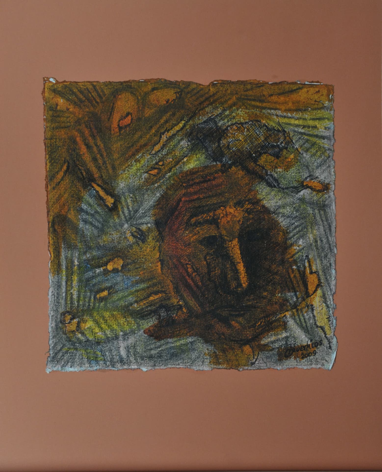 Face set within swirling ochre, green and blue strokes with dark cross-hatching, on deckle-edged paper mounted on a terracotta mat