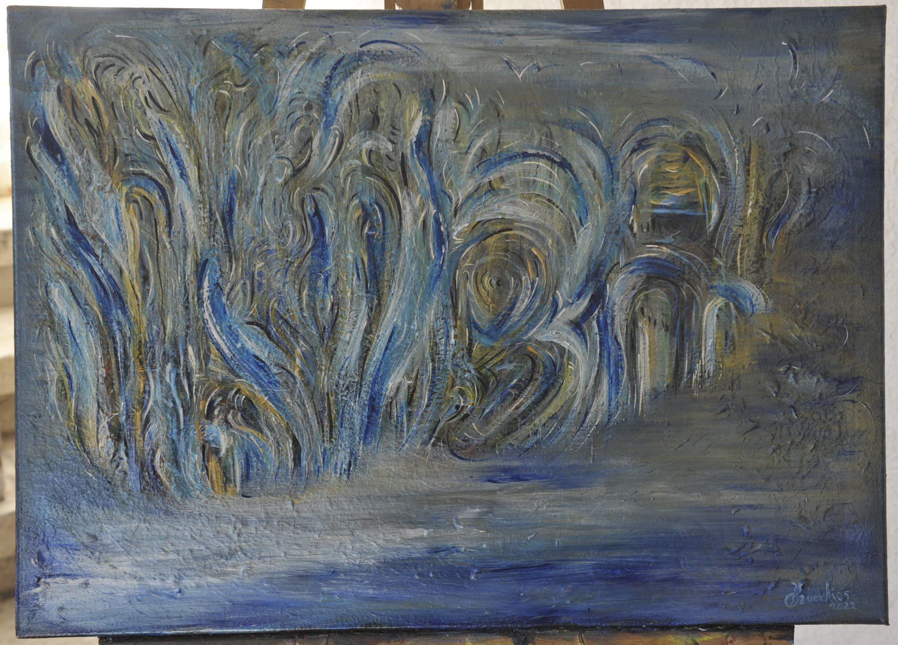 Landscape-format abstract painting with upright swirling and arching strokes in blue, grey, white and muted yellow